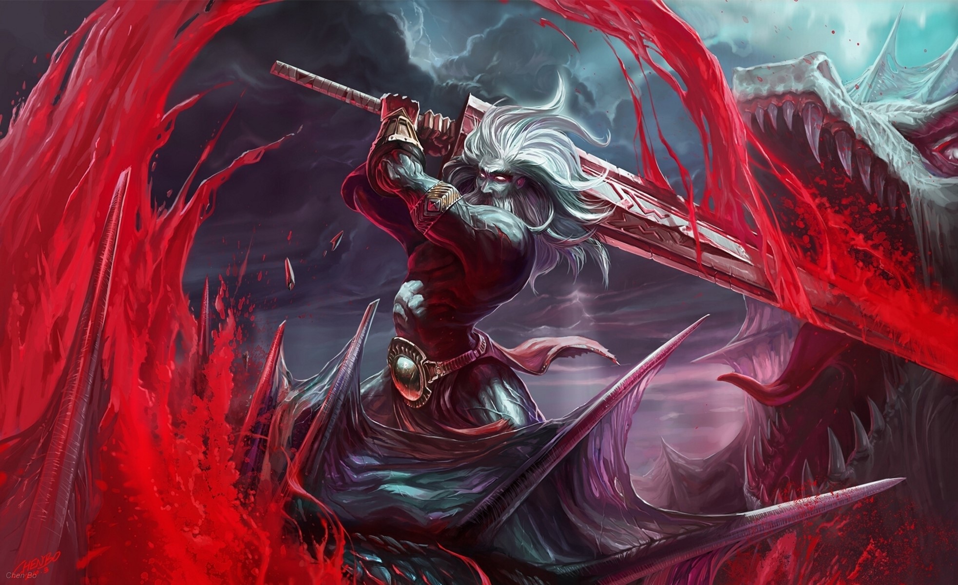 Warrior with sword fighting a dragon with blood HD Wallpaper
