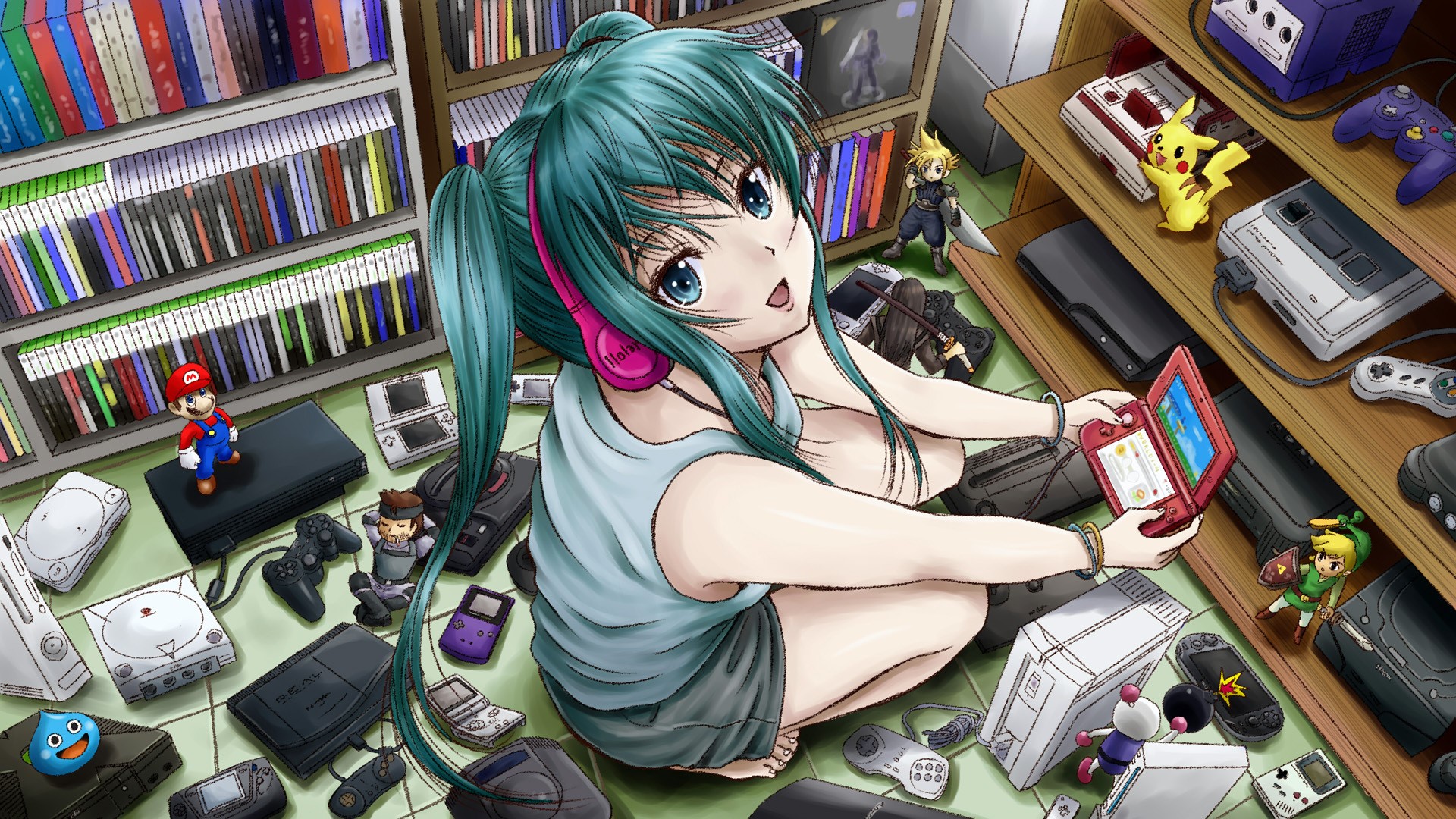 Hatsune Miku surrounded by video games and consoles HD Wallpaper