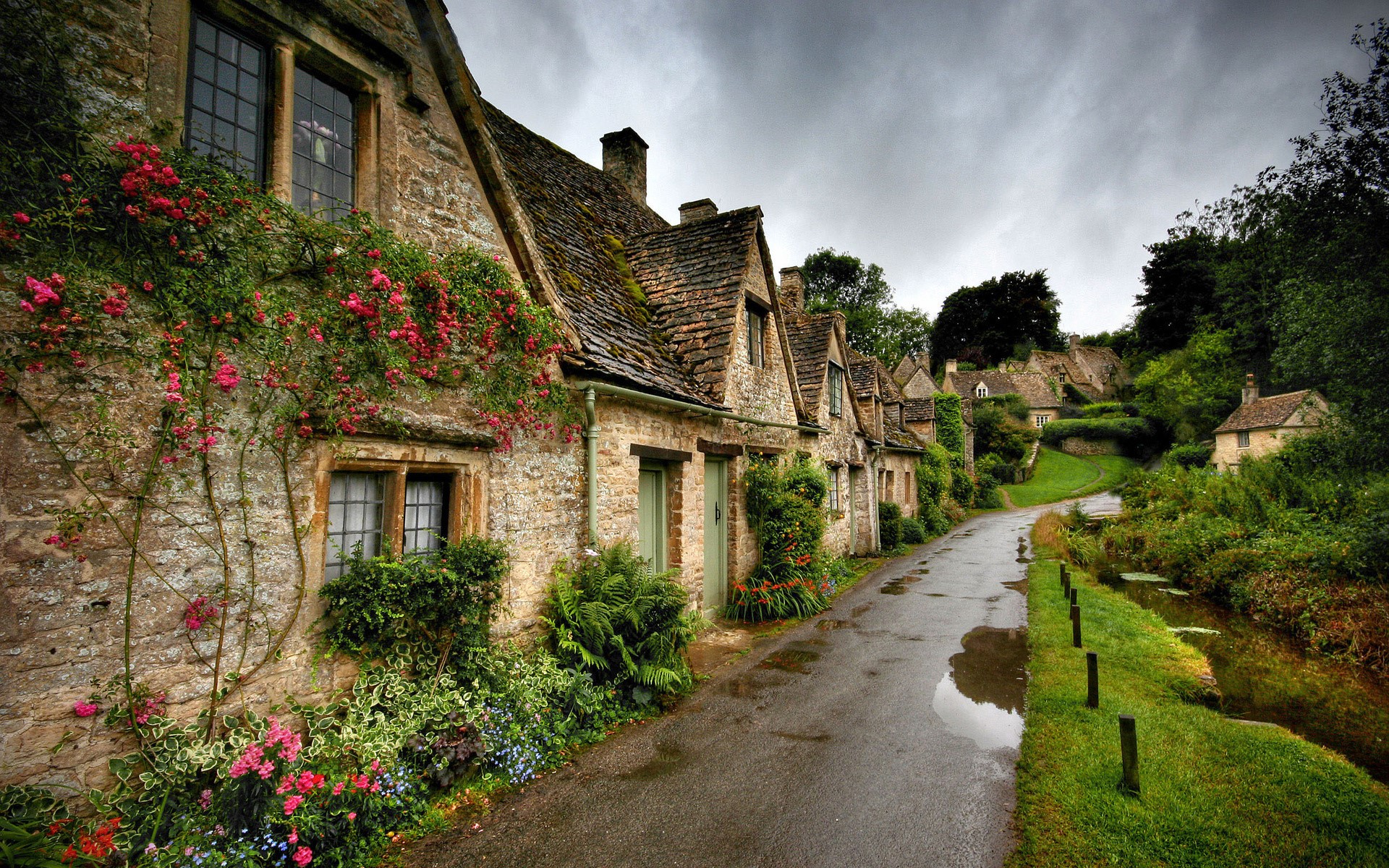 Old stone houses with roses along a wet road HD Wallpaper
