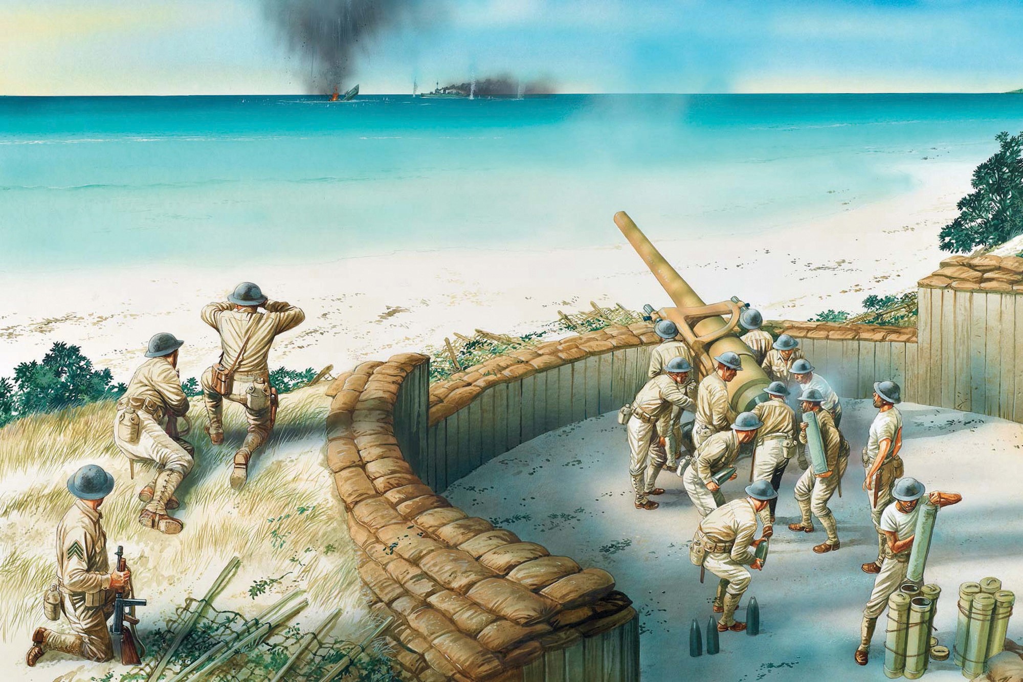 Soldiers operating a coastal artillery cannon during a battle HD Wallpaper