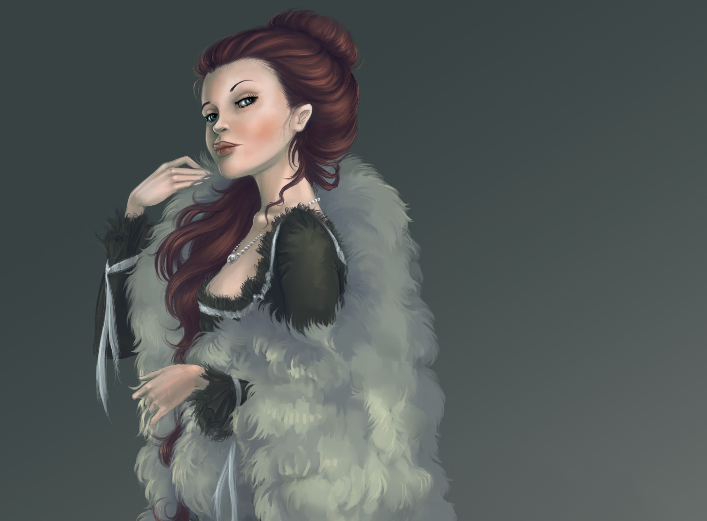 Woman with auburn hair wearing a fur coat HD Wallpaper