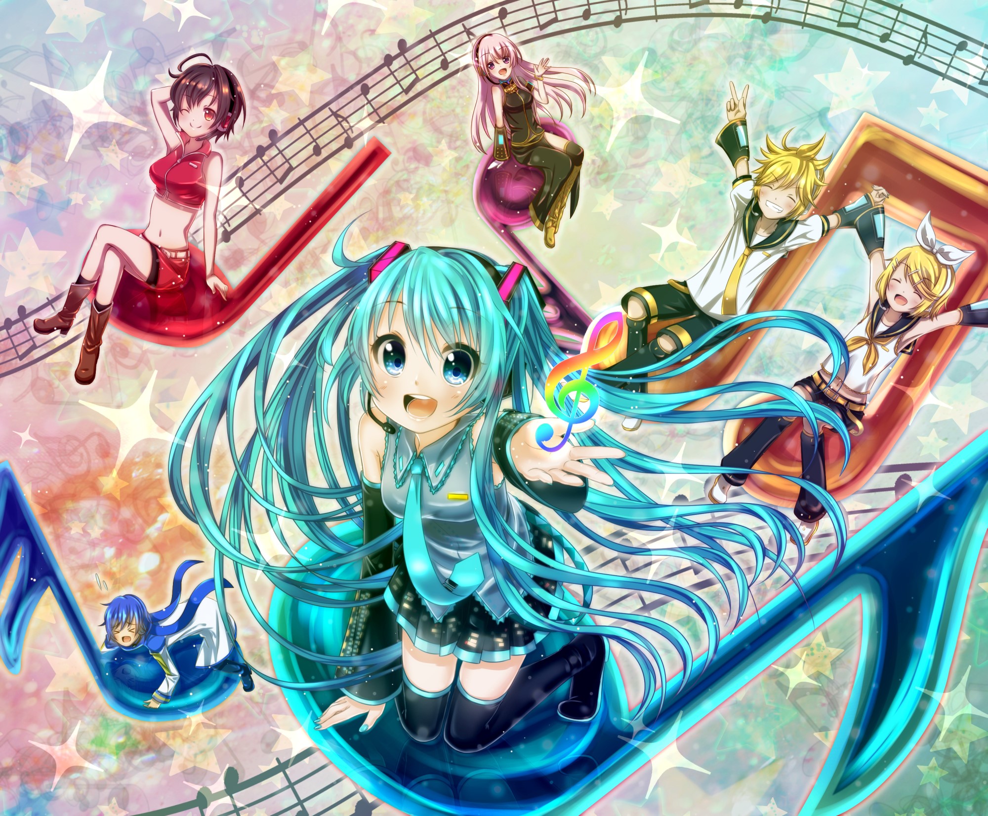 Vocaloid characters on musical notes HD Wallpaper