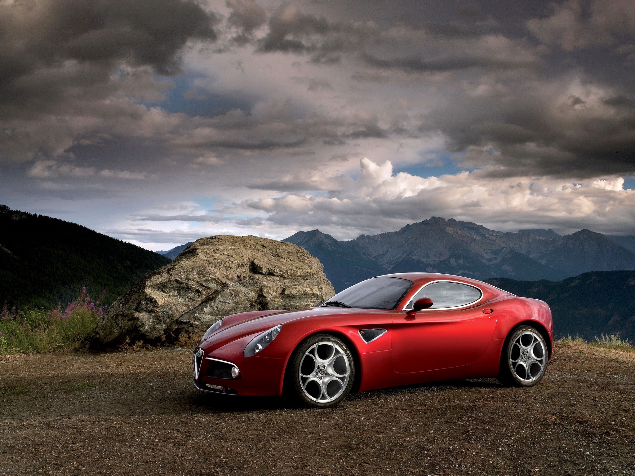 Red Alfa Romeo 8C Competizione in mountains HD Wallpaper