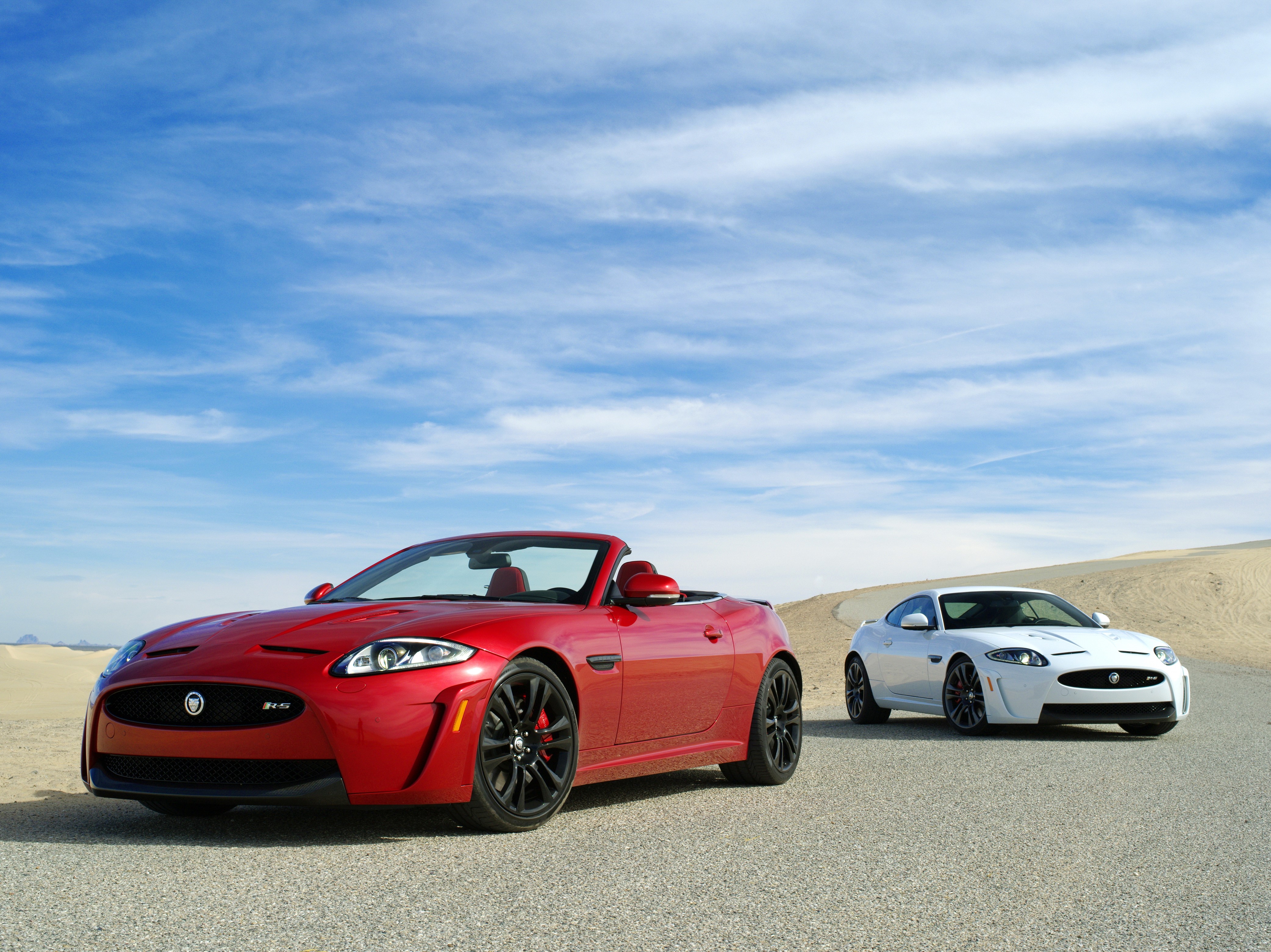 4K Red 2012 Jaguar XKR-S Convertible and White Coupe HD Wallpaper