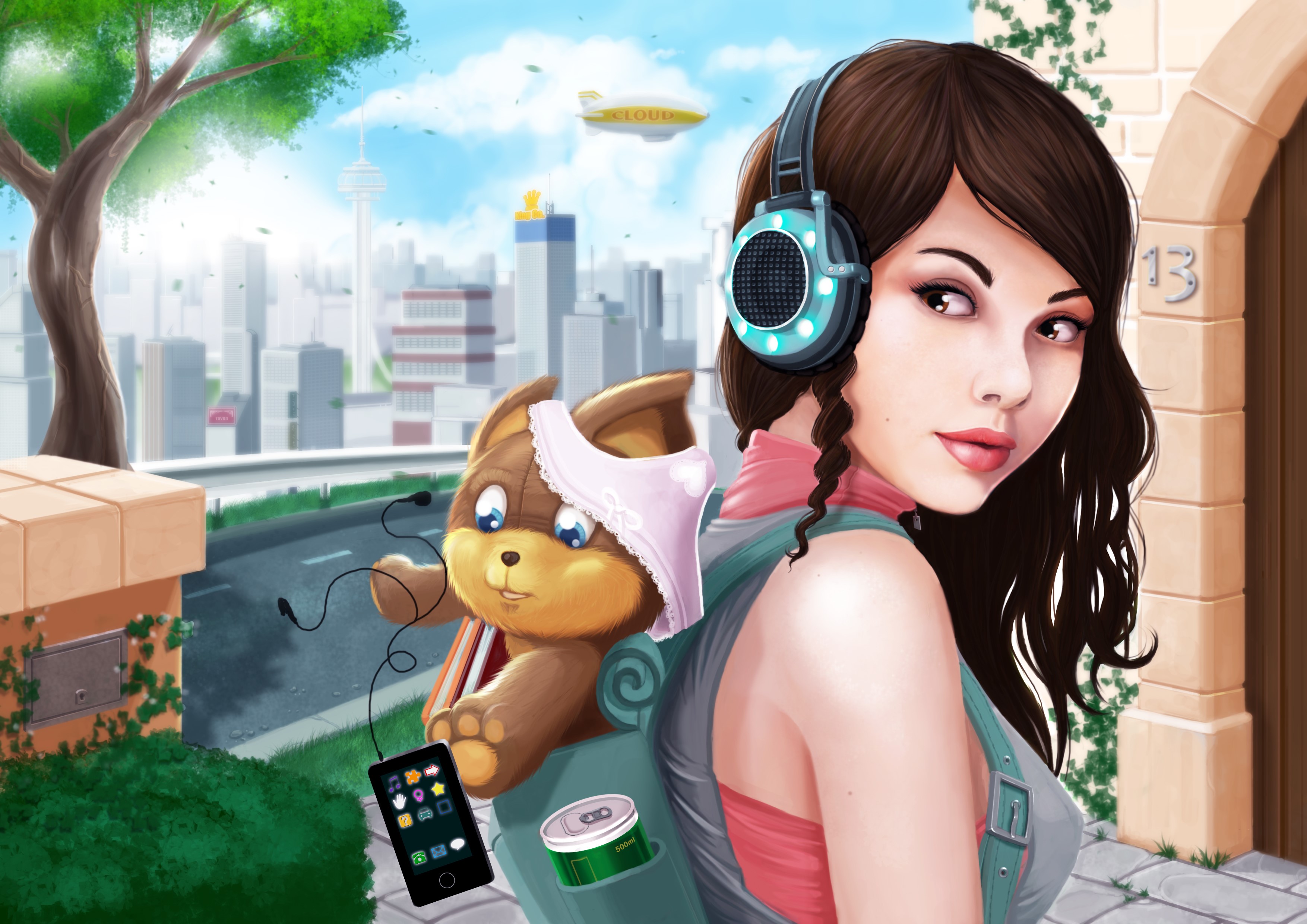 Girl with headphones and teddy bear in city HD Wallpaper