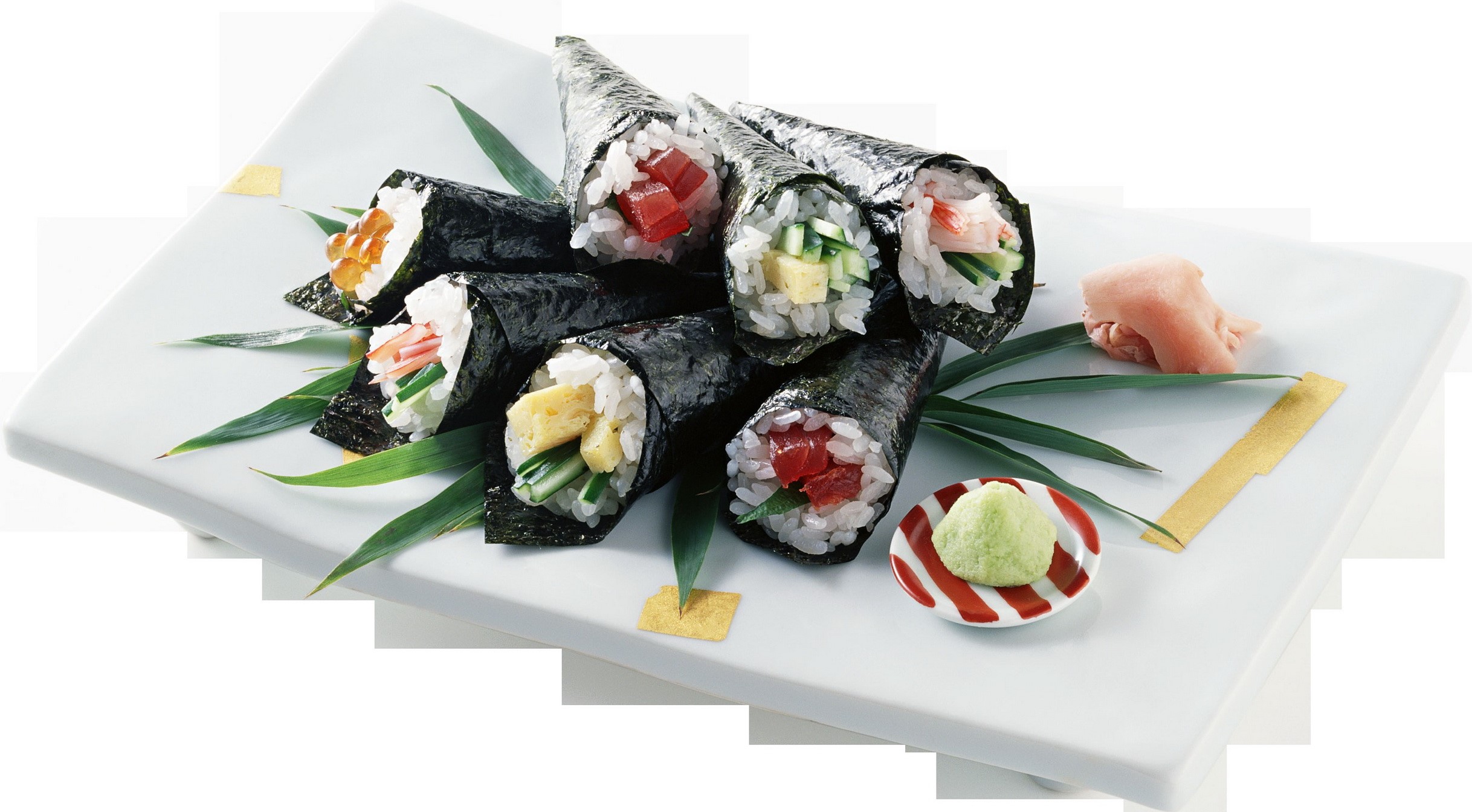 Assortment of Japanese hand-rolled sushi cones on a white plate HD Wallpaper