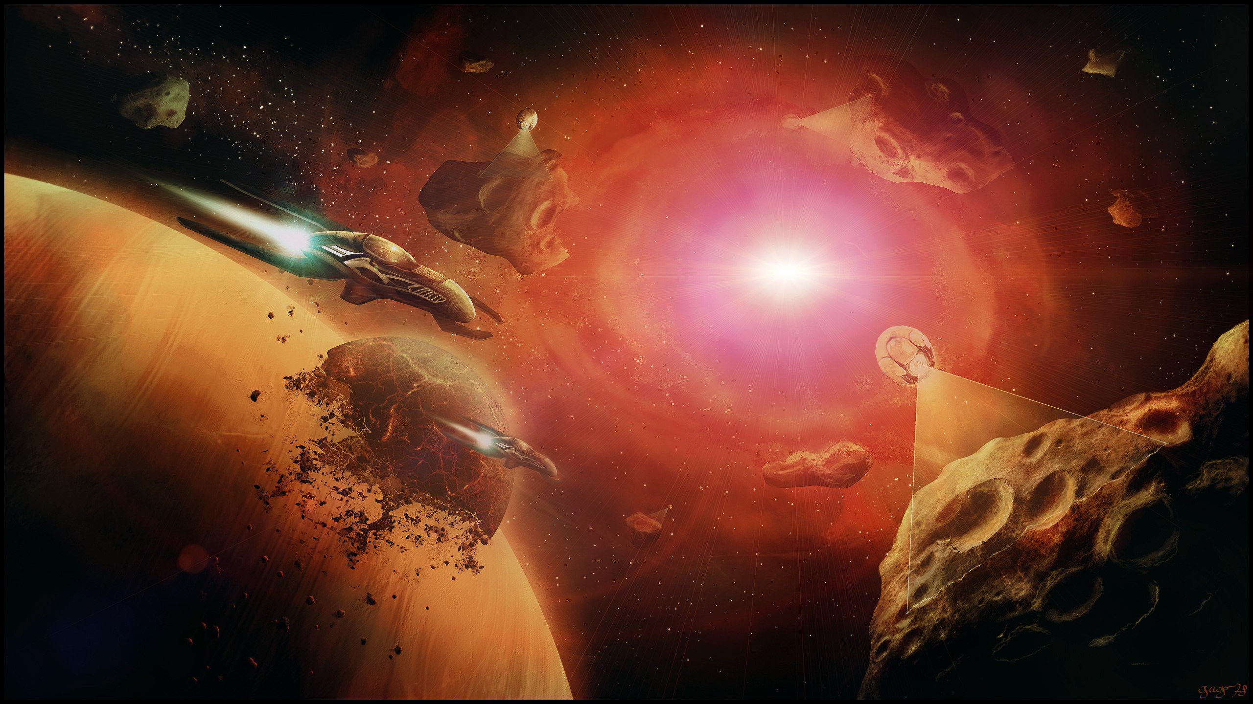 Spaceships navigating an asteroid field near a bright nebula HD Wallpaper