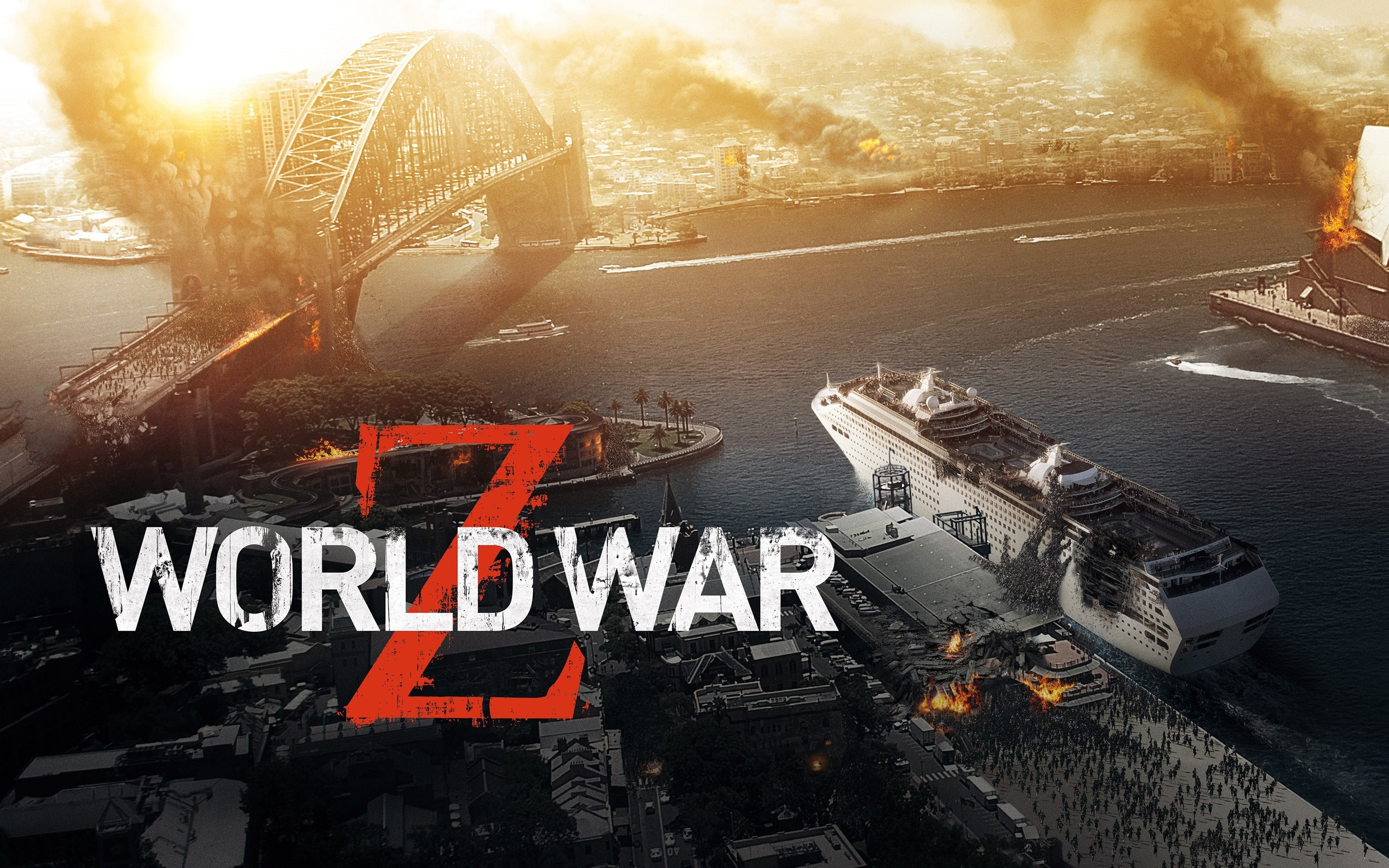 World War Z movie poster with burning bridge and cruise ship HD Wallpaper