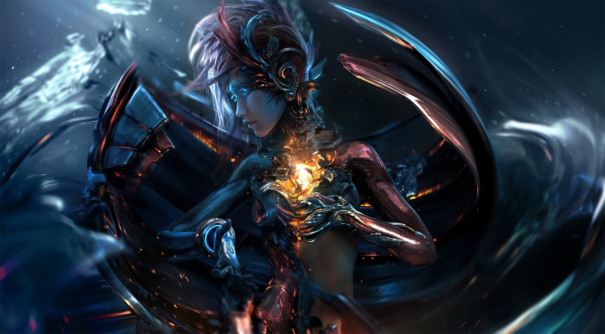 Robot with glowing chest and mechanical wings HD Wallpaper