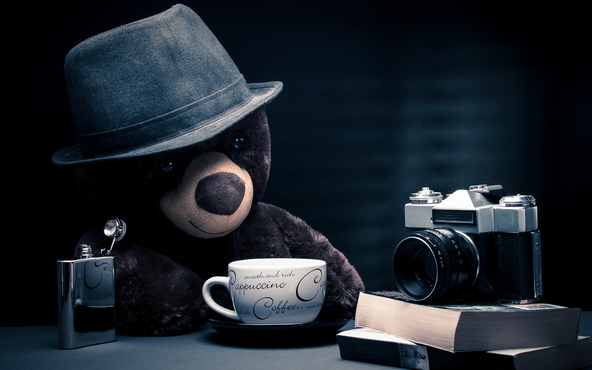 Teddy bear with hat, cup, camera, and flask HD Wallpaper