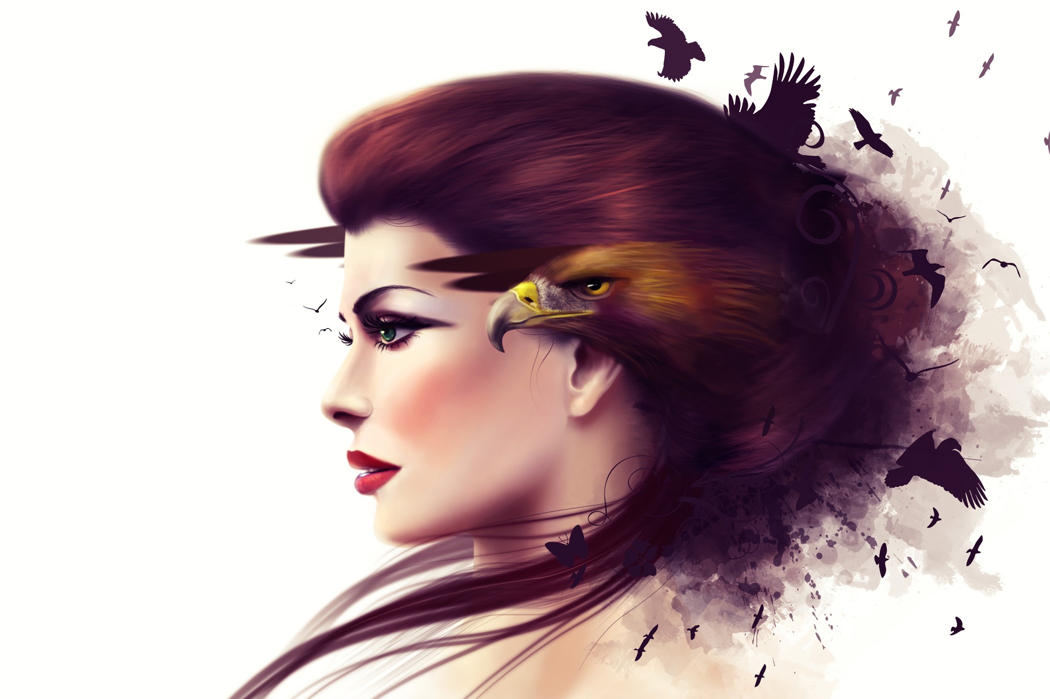 Woman with eagle emerging from her hair and birds flying HD Wallpaper