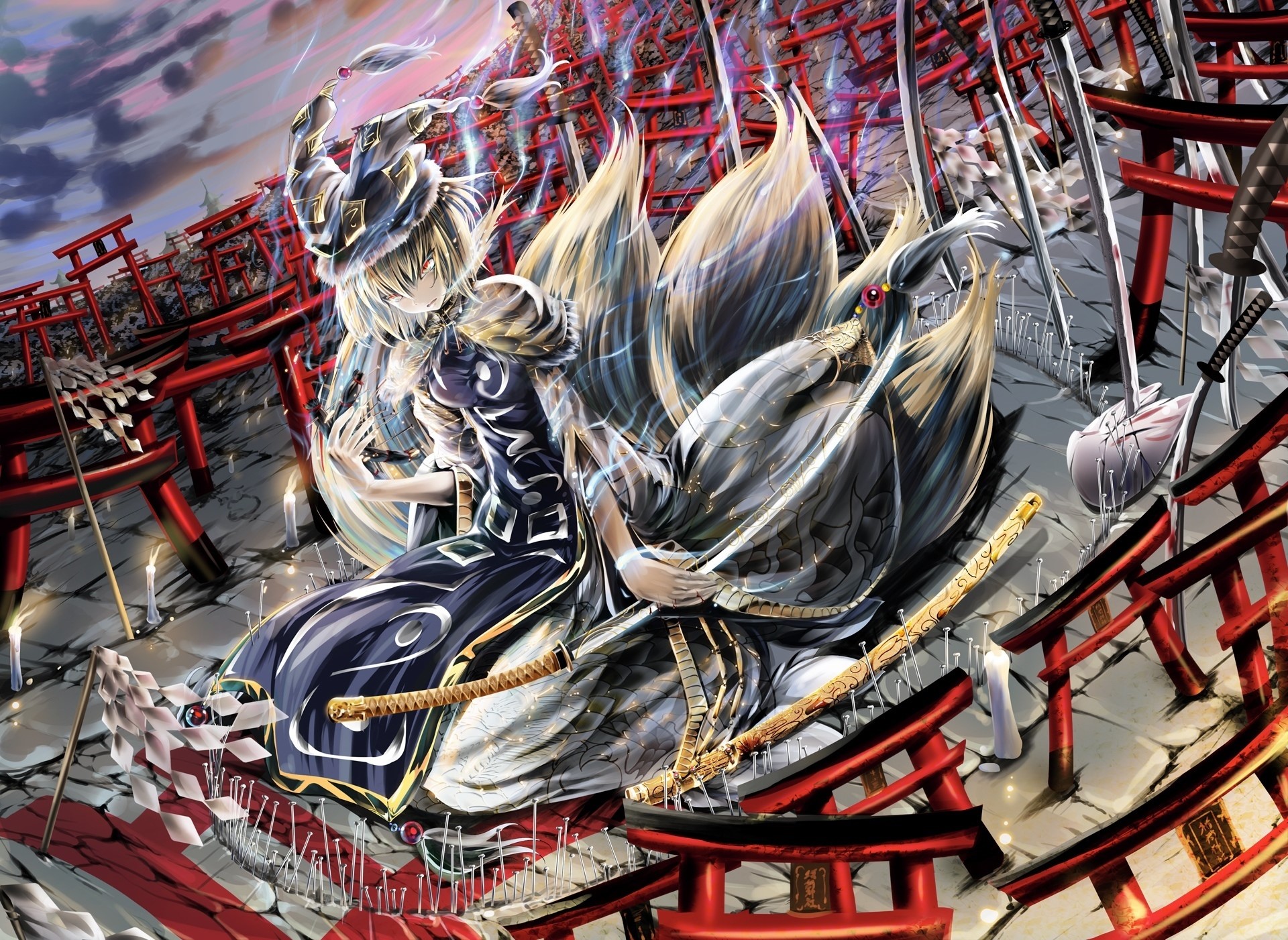 Kitsune with swords and torii gates HD Wallpaper