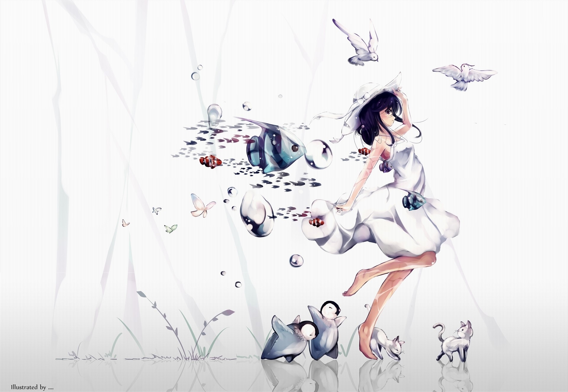 Girl with Penguins, Cats, Fish, and Birds HD Wallpaper