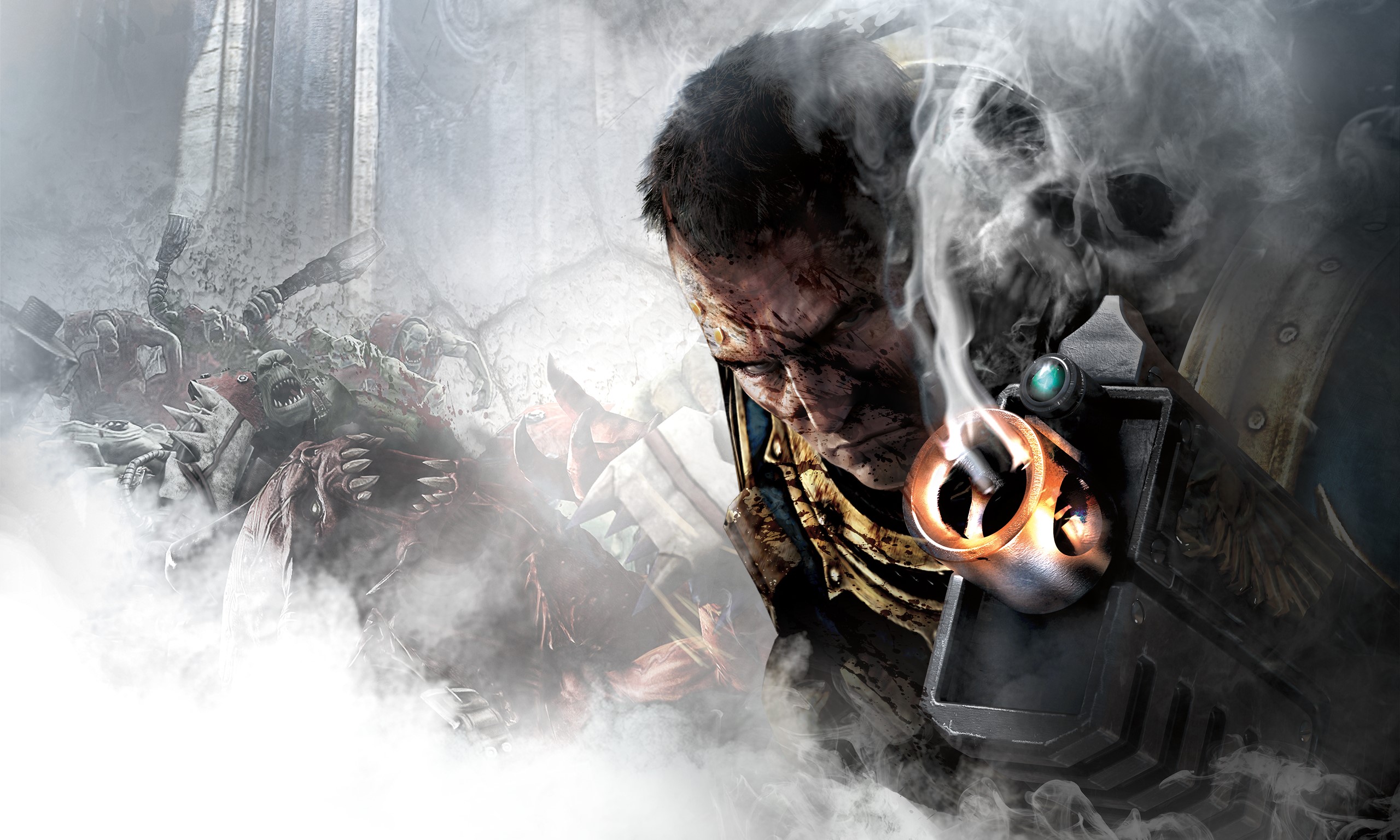 Warhammer 40,000 soldier with smoking gun and fallen enemies HD Wallpaper