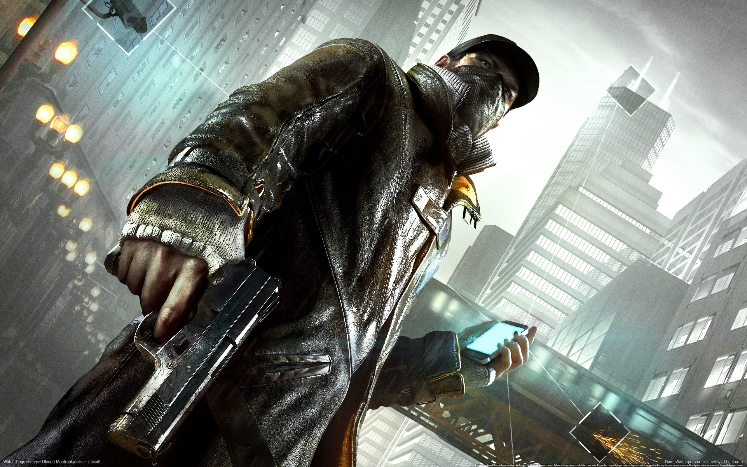 Aiden Pearce from Watch Dogs holding a pistol and smartphone HD Wallpaper