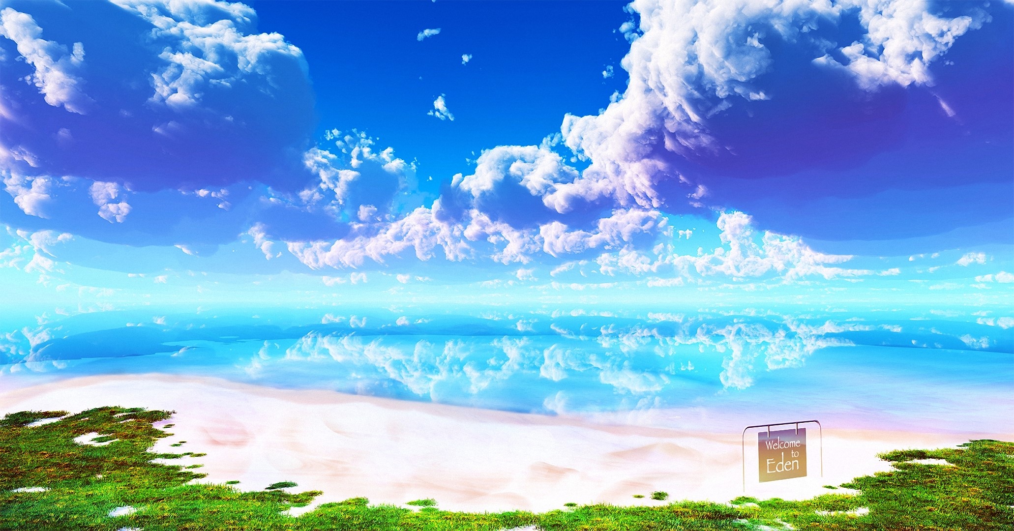Beach with Welcome to Eden sign under blue sky HD Wallpaper