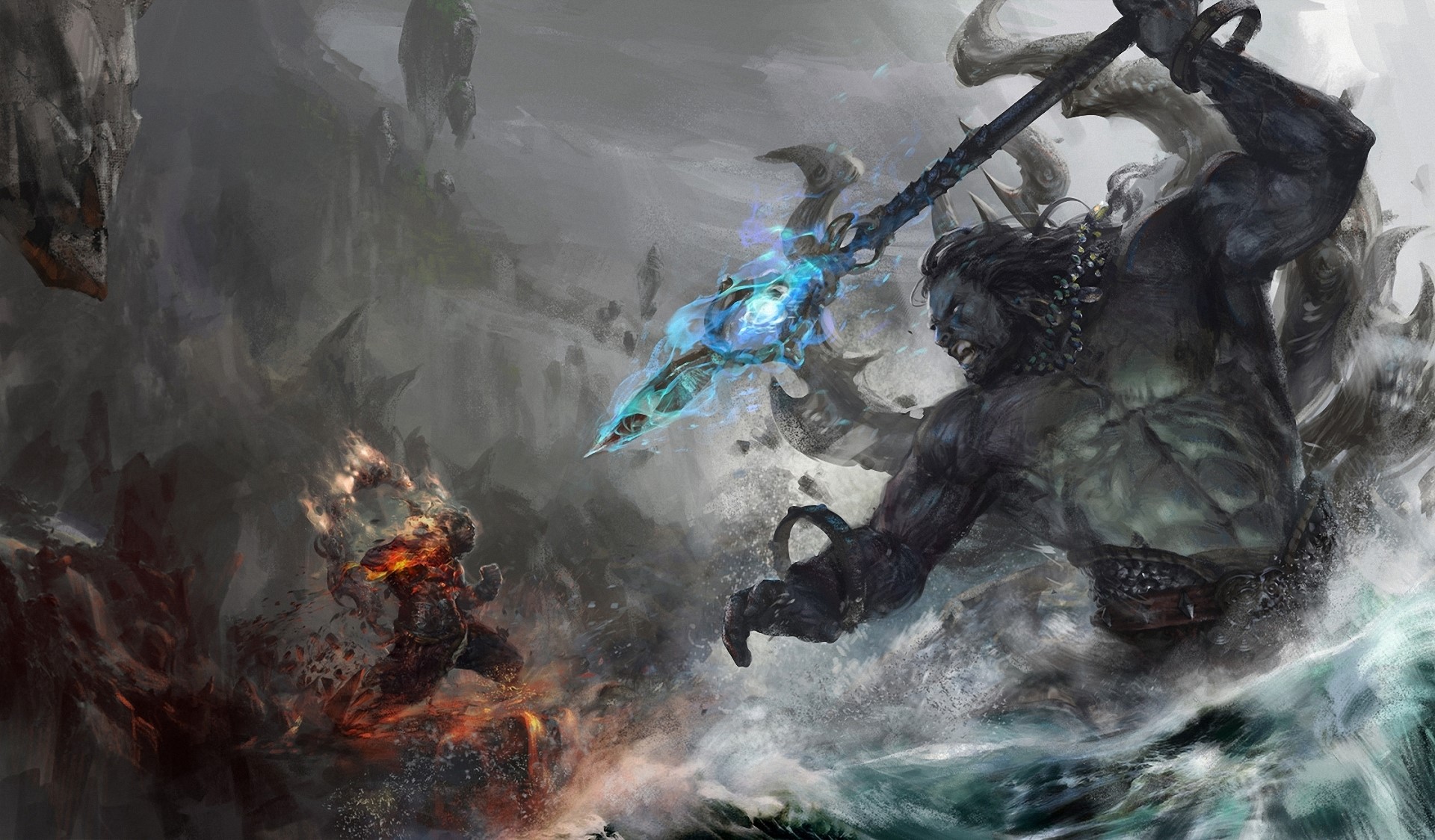 Giant warrior with glowing spear fights fiery warrior HD Wallpaper