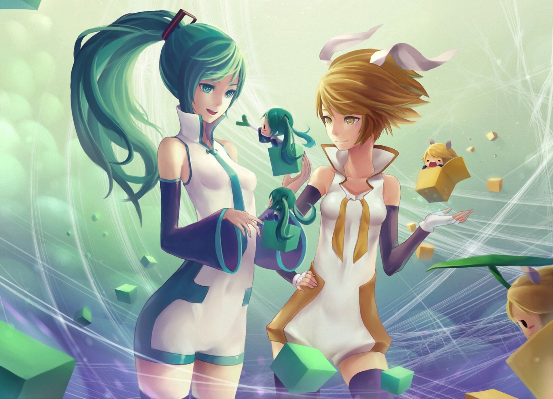 Two Vocaloid characters with cubes HD Wallpaper
