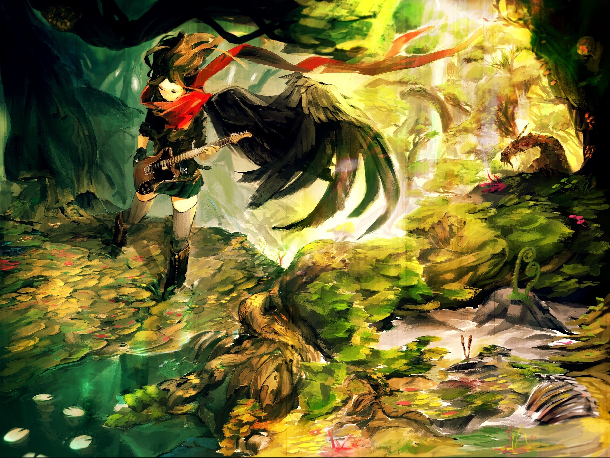 Girl with wings playing guitar in a forest HD Wallpaper