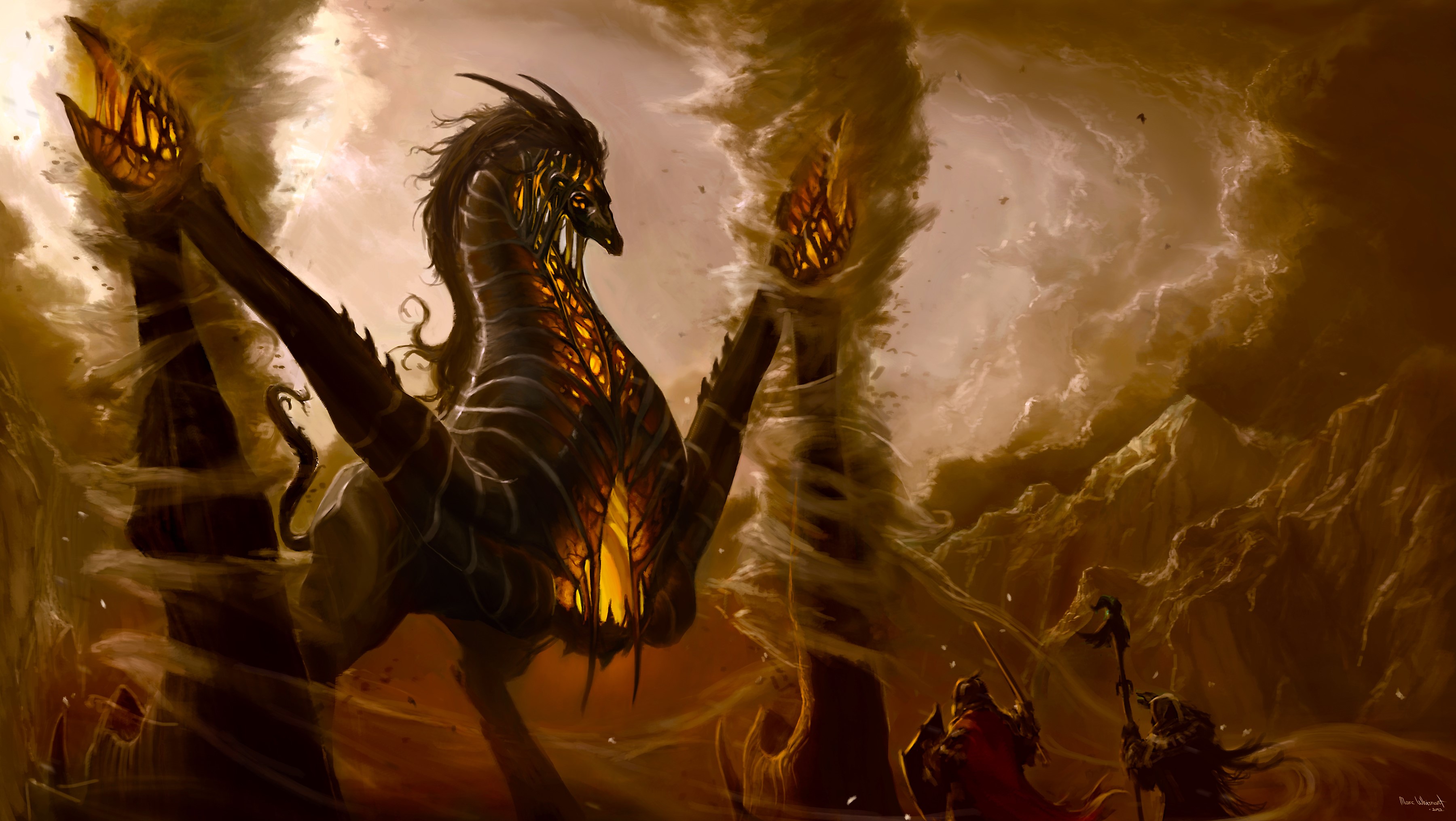 Dragon with glowing chest and two figures HD Wallpaper