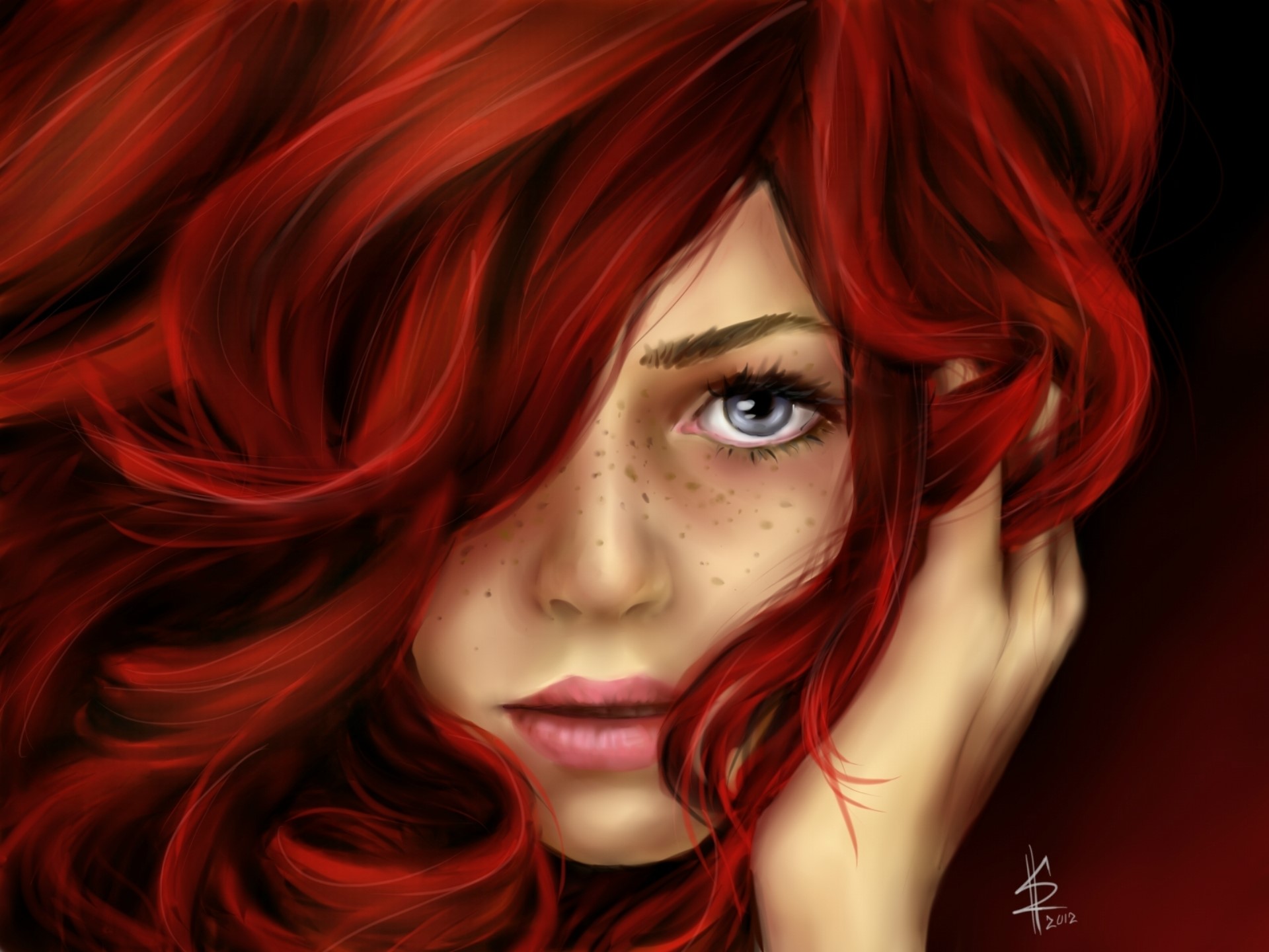 Painting of a redhead girl with blue eyes HD Wallpaper