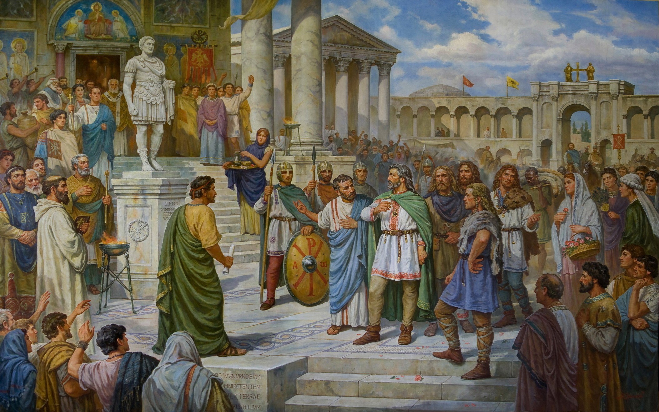 Roman Emperor addressing a crowd with a statue of himself HD Wallpaper
