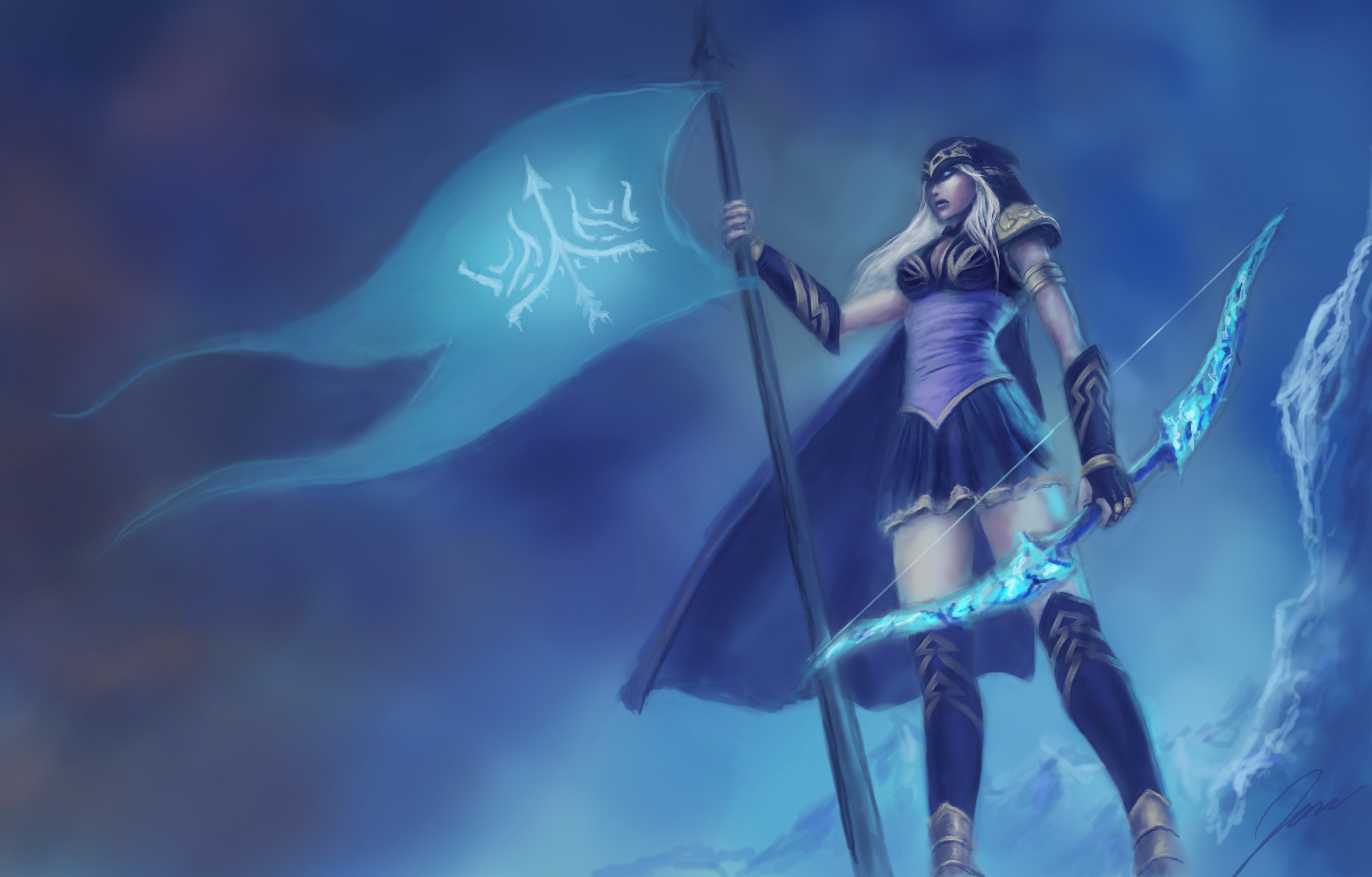 Ashe from League of Legends holding a flag and bow HD Wallpaper