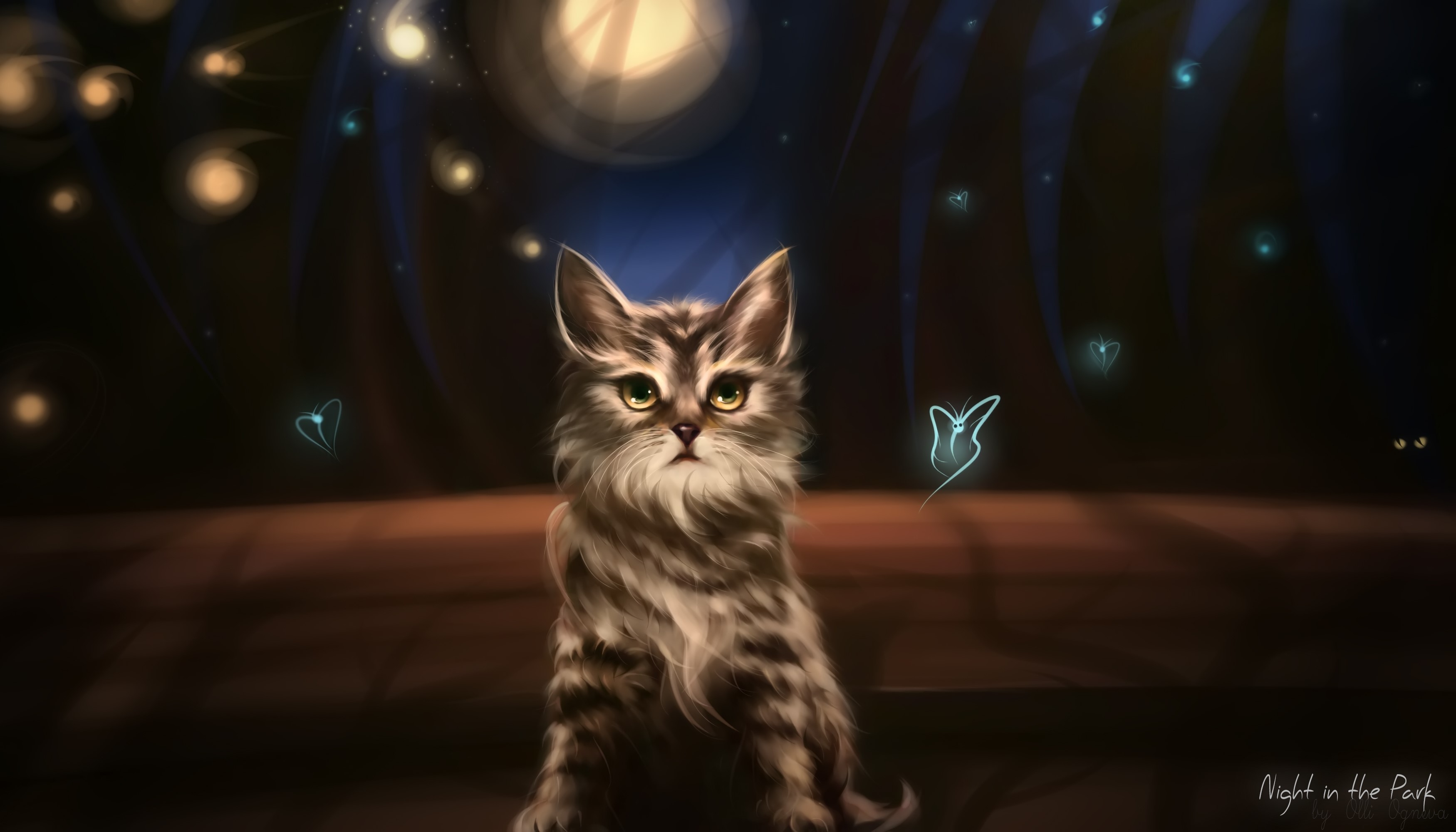 A painting of a fluffy cat in a park at night HD Wallpaper