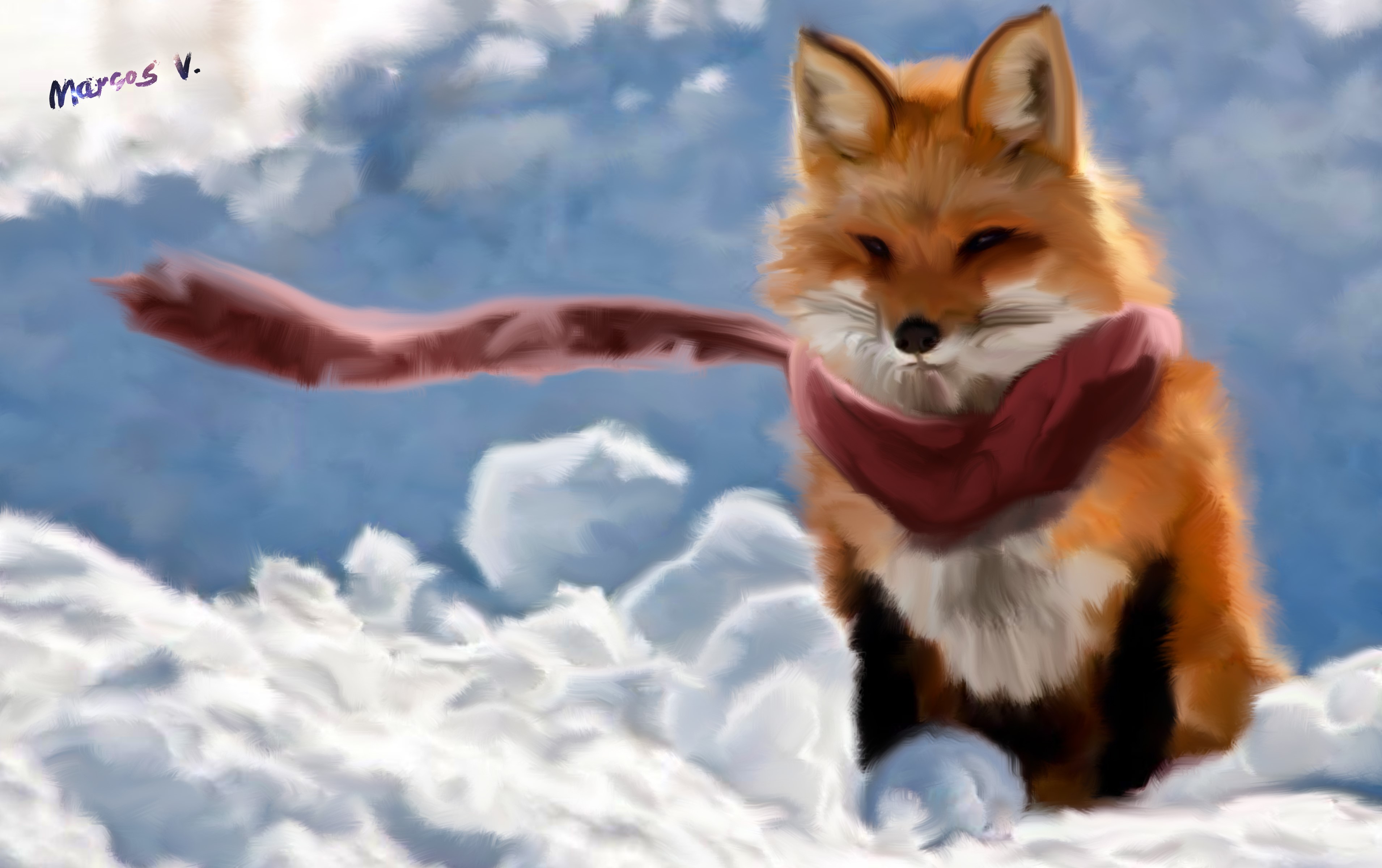 Fox with a scarf in the snow HD Wallpaper