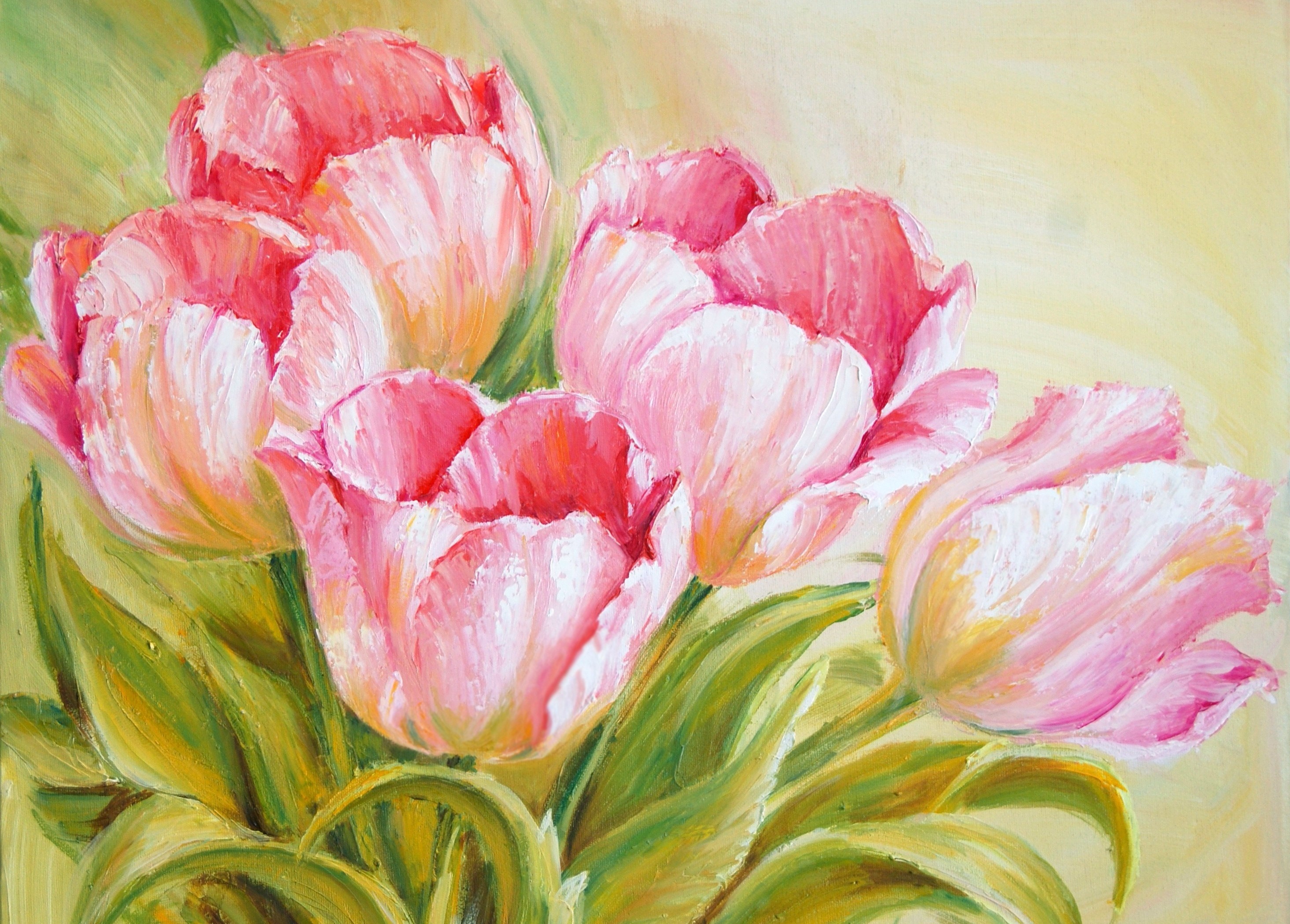 Oil painting of pink tulips HD Wallpaper