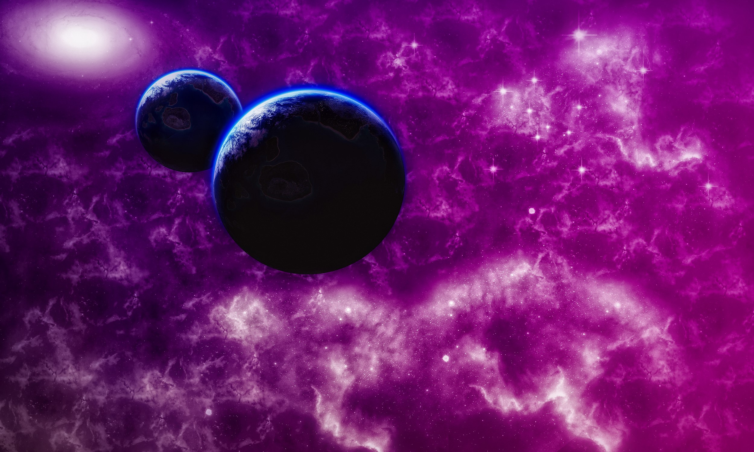 Two planets in a violet nebula with a distant galaxy HD Wallpaper