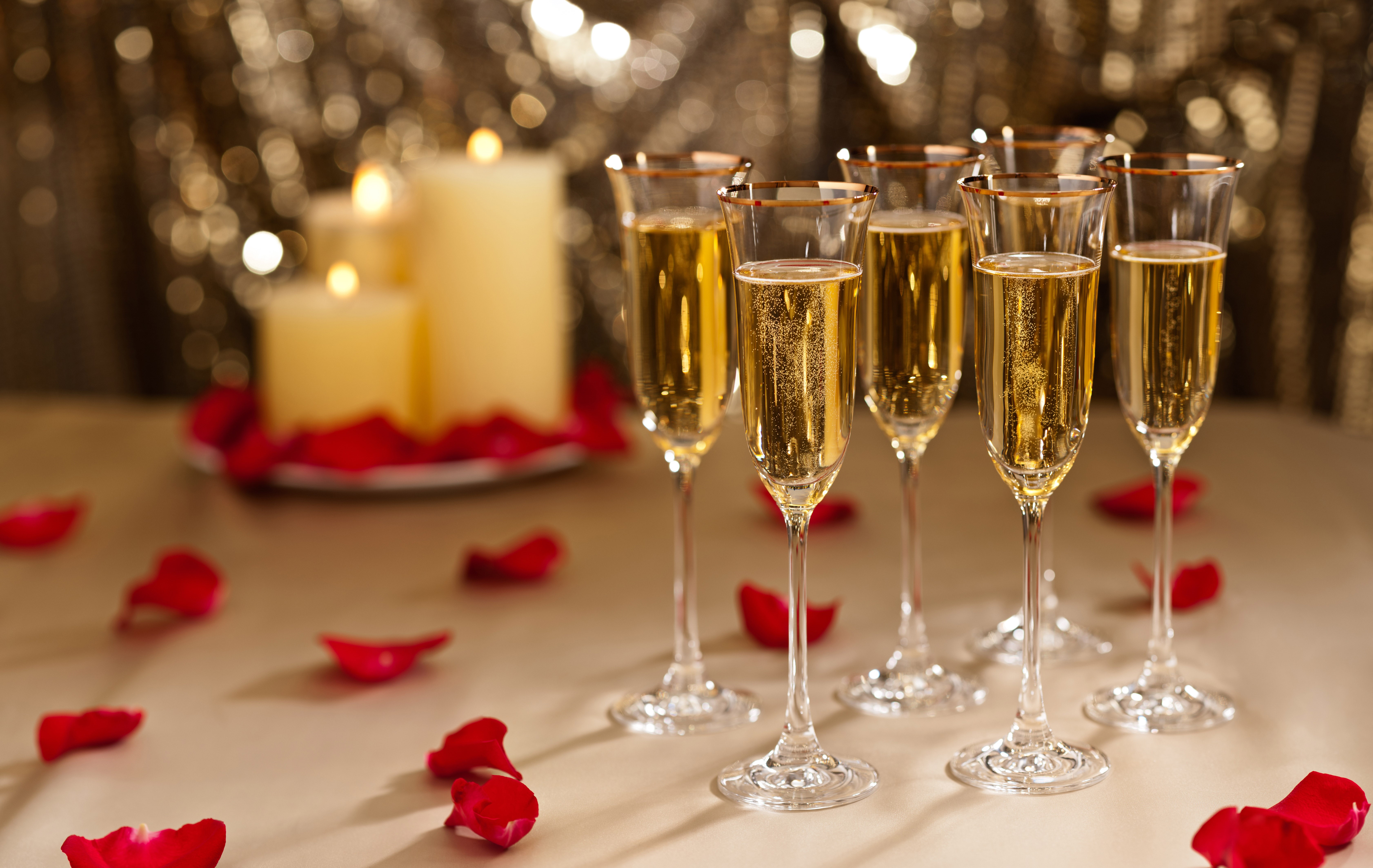 Champagne glasses with candles and rose petals HD Wallpaper
