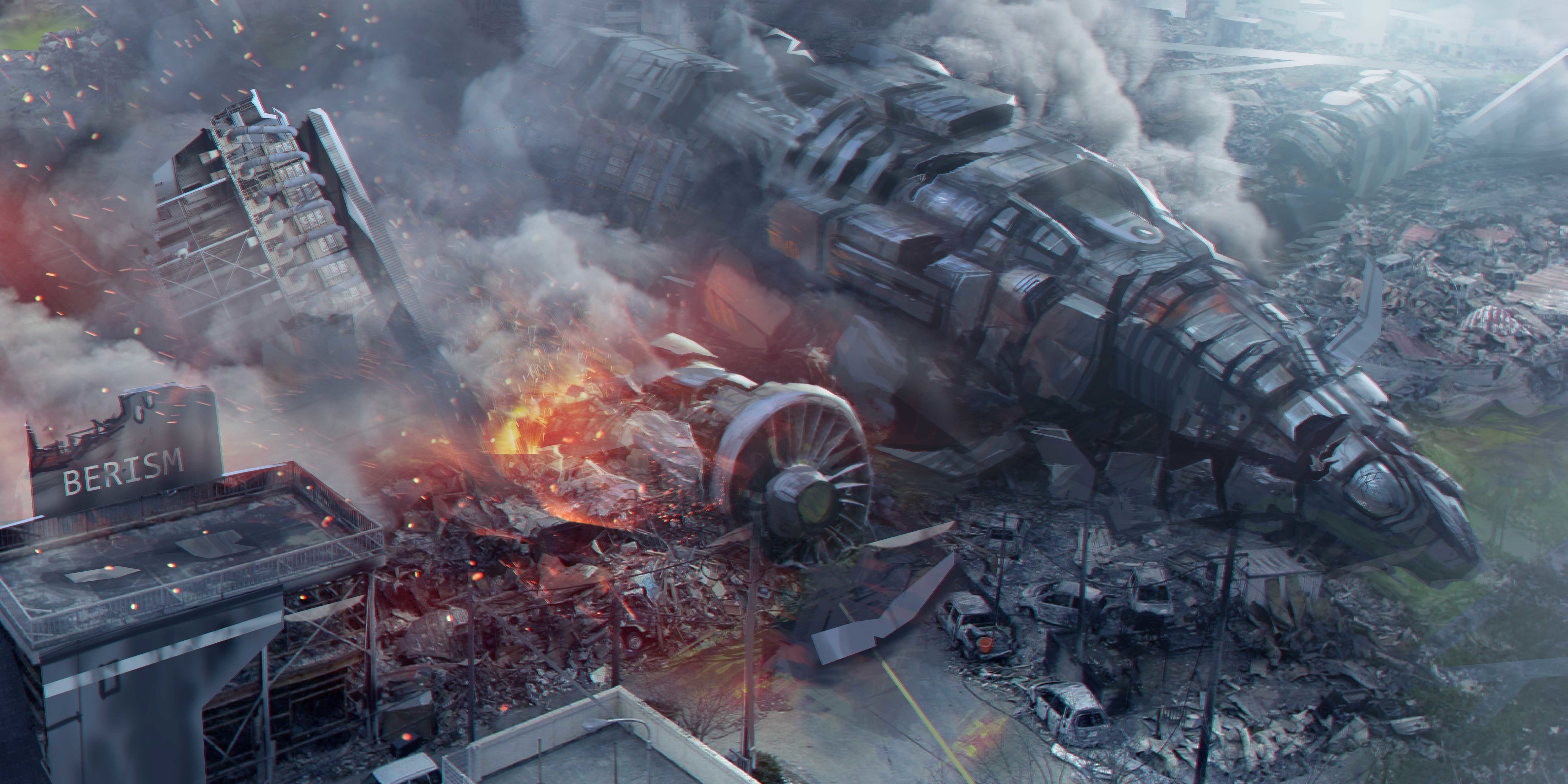 Convertiplane crash in a destroyed city HD Wallpaper
