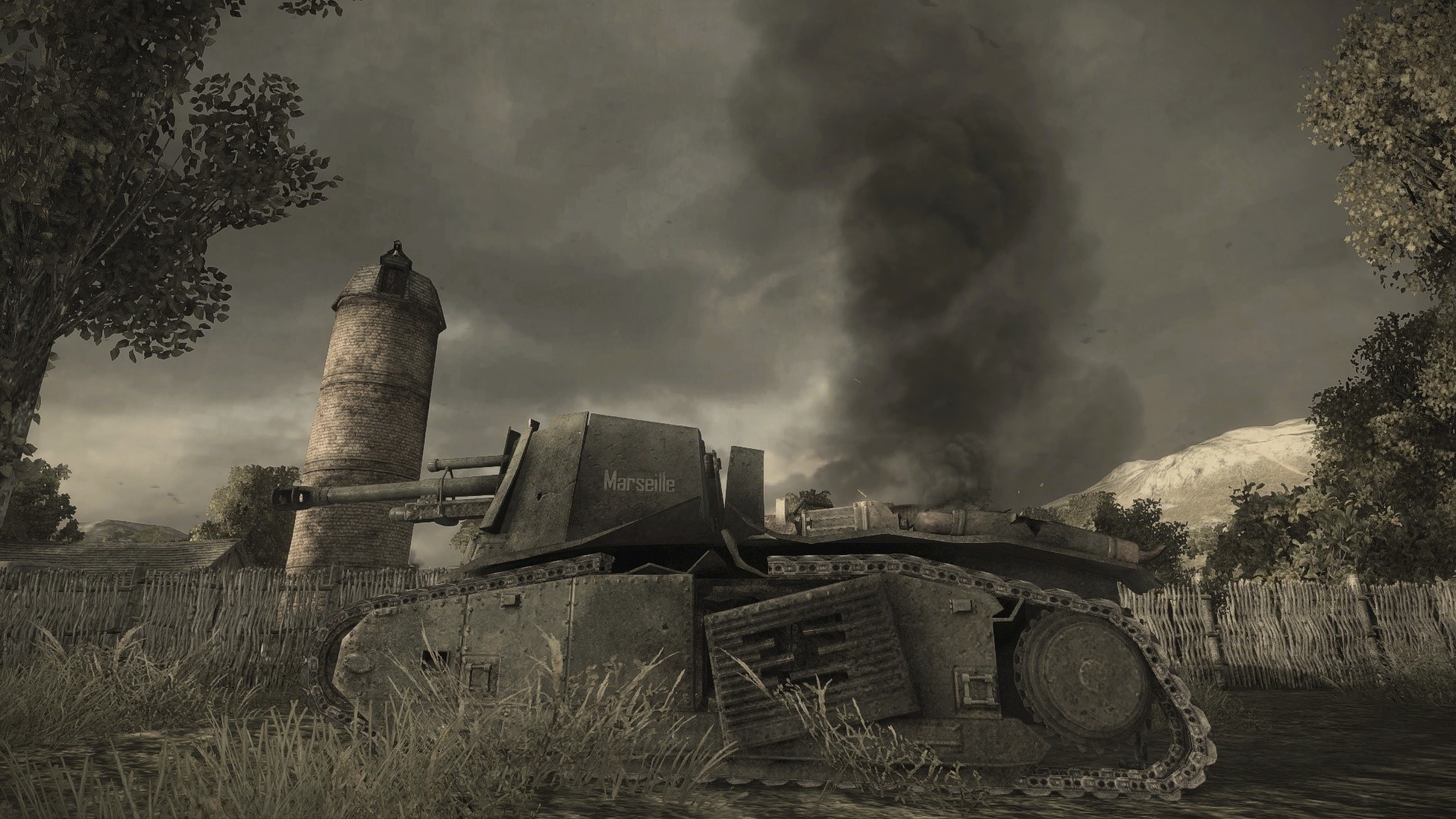 Destroyed tank named Marseille in a field HD Wallpaper