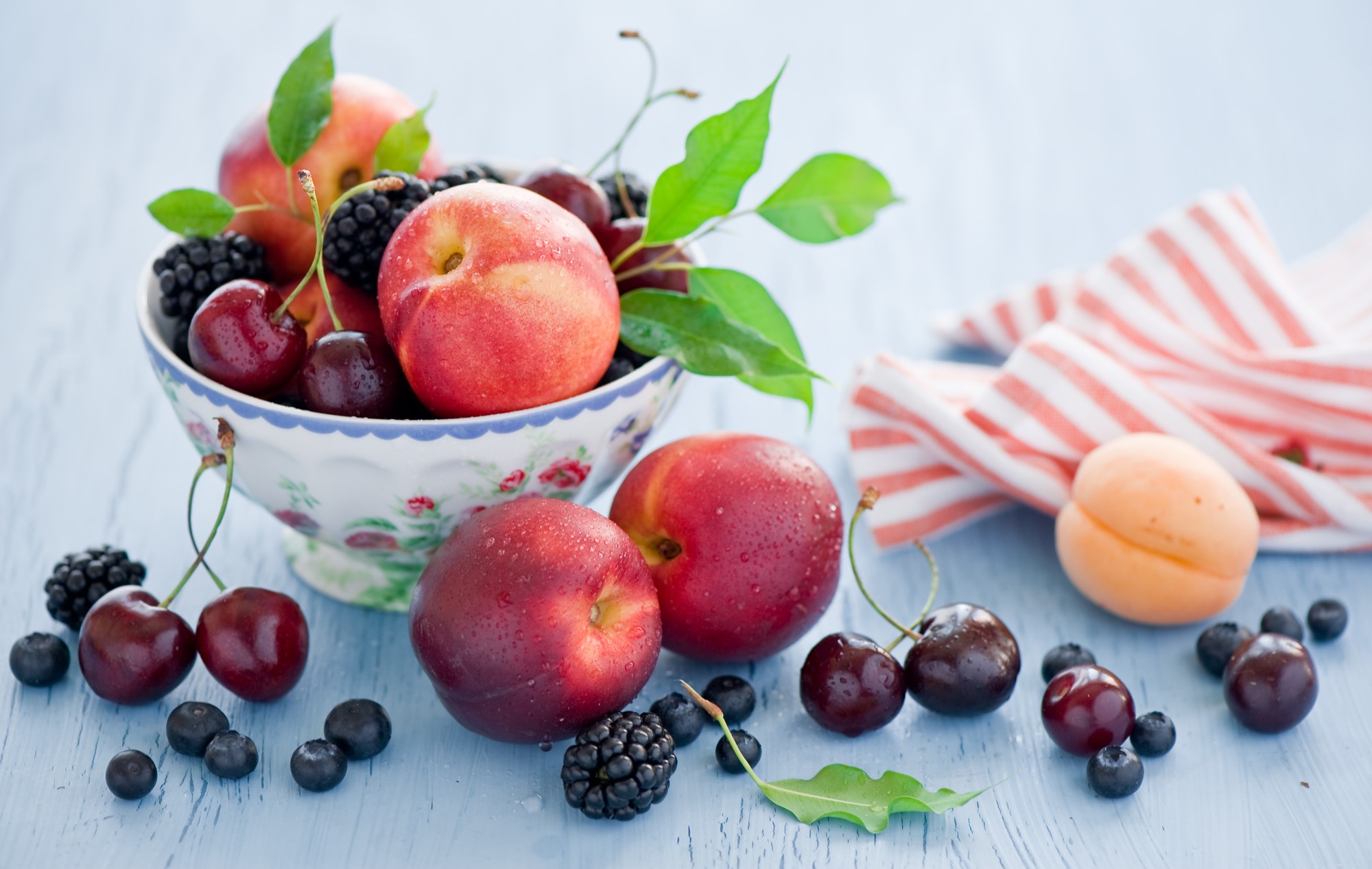 Bowl of Peaches, Cherries, Blackberries, and Blueberries HD Wallpaper