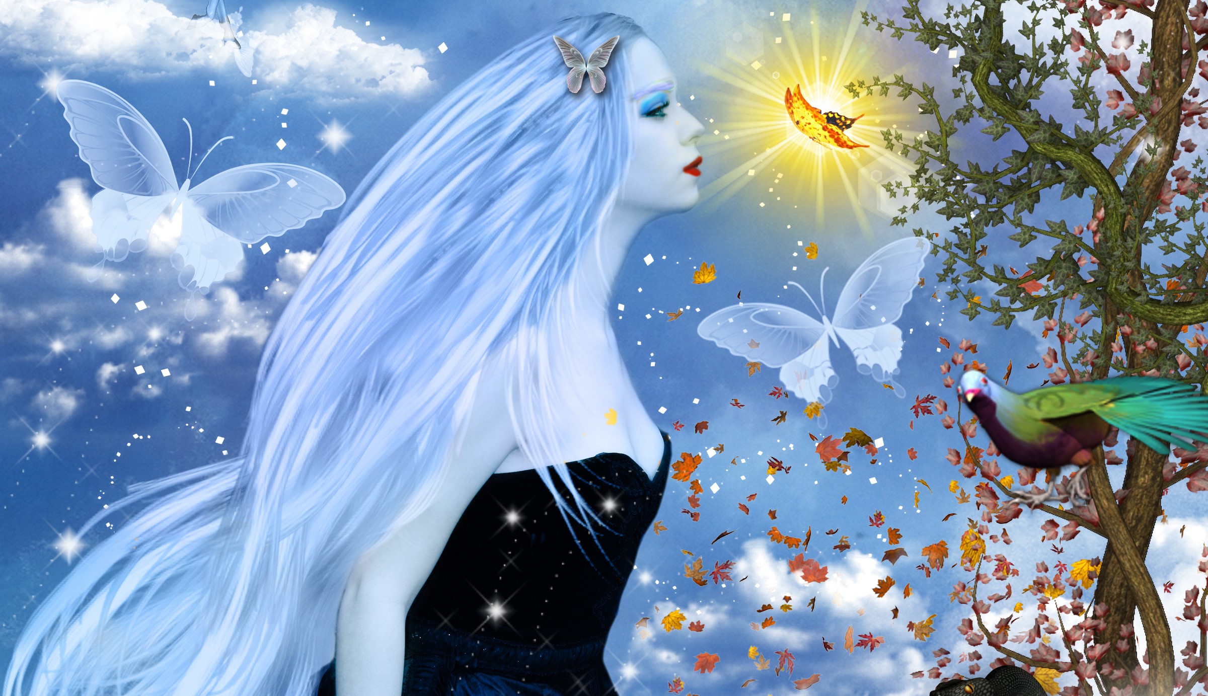 Fantasy woman with long blue hair and butterflies HD Wallpaper