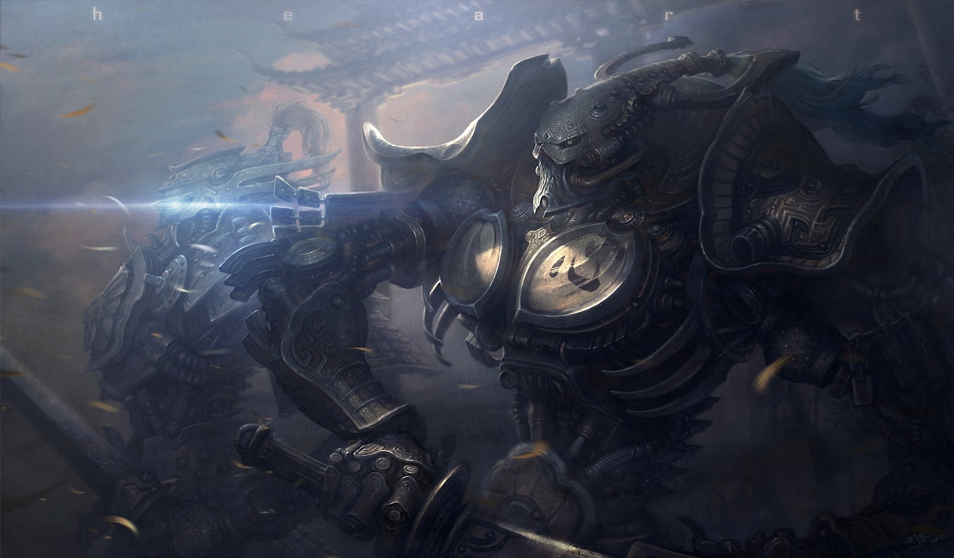 Giant armored warriors with swords HD Wallpaper