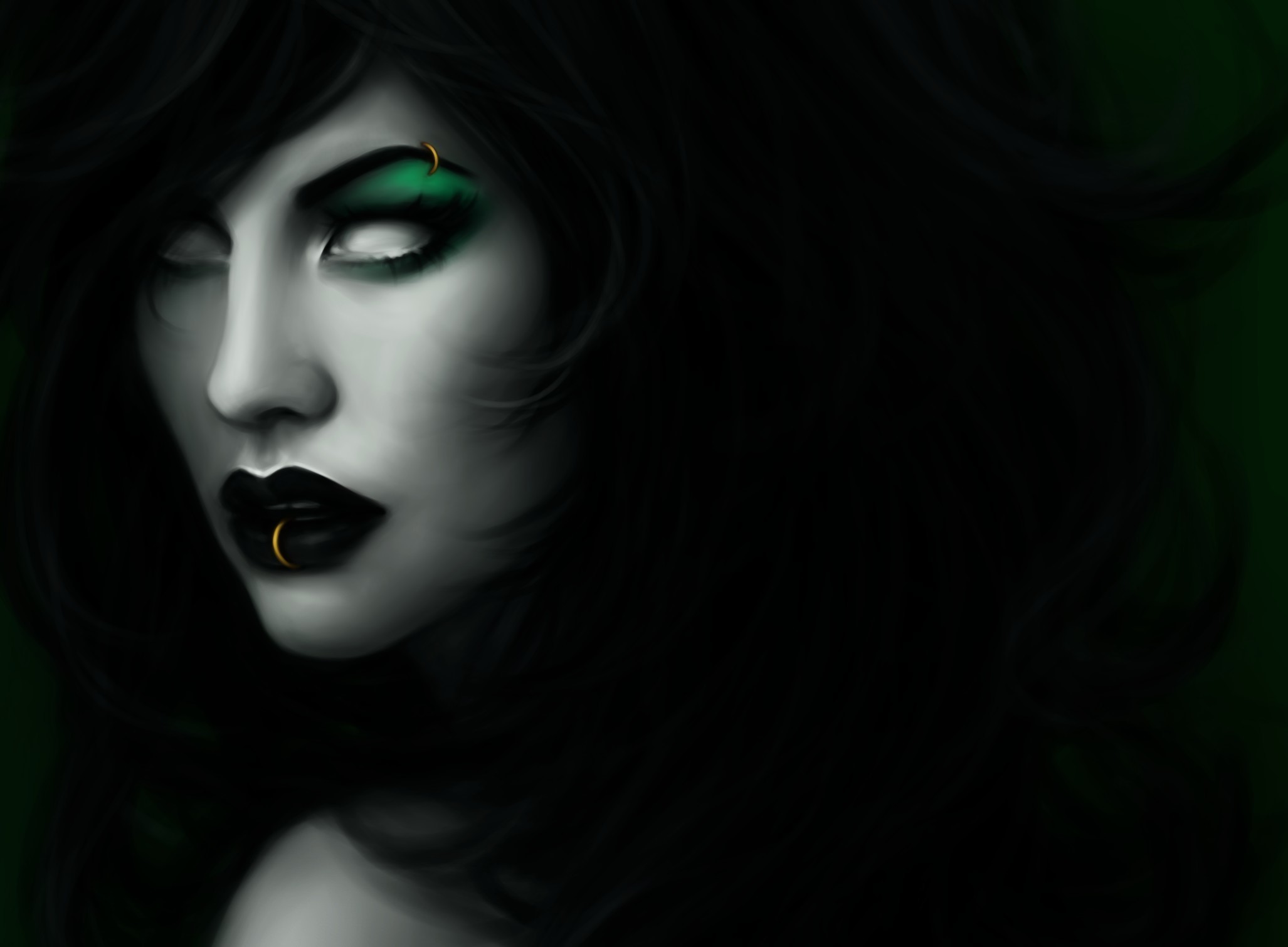 Gothic Fantasy Woman with Green Eyeshadow and Black Lips HD Wallpaper