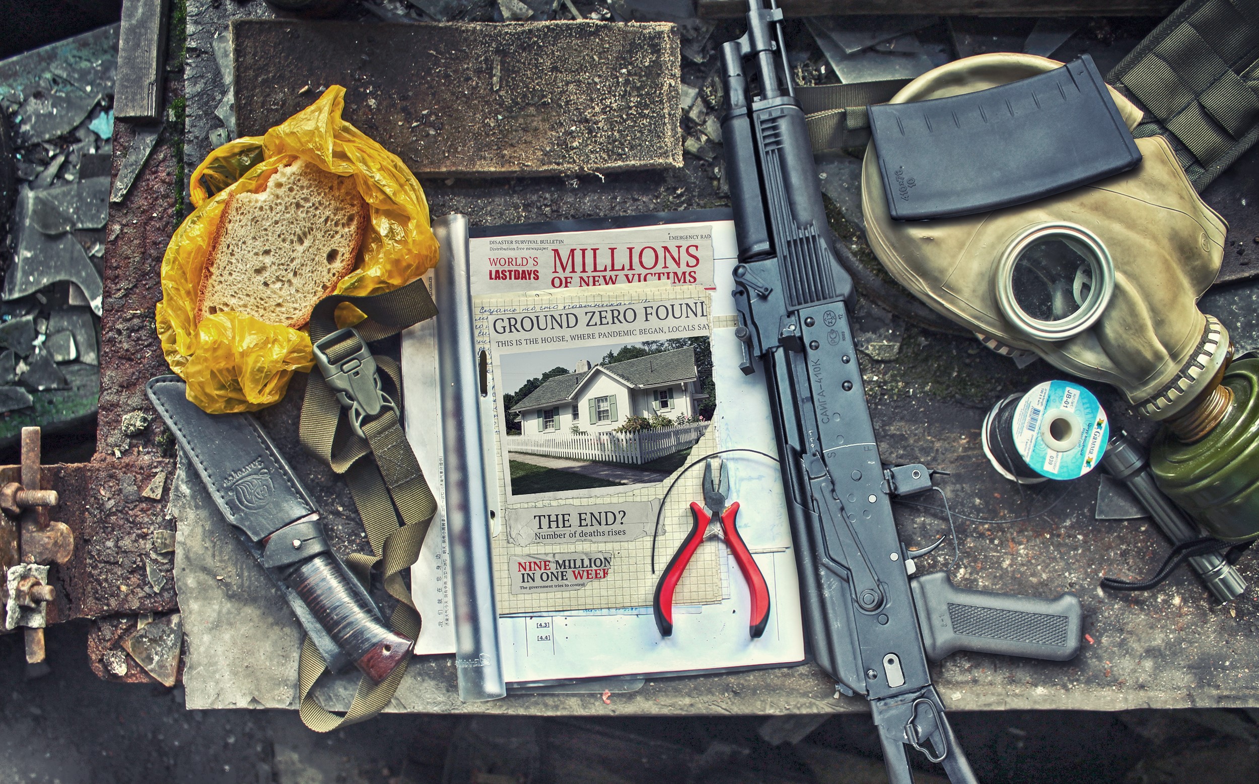 Assault rifle, knife, gas mask, and bread on table HD Wallpaper