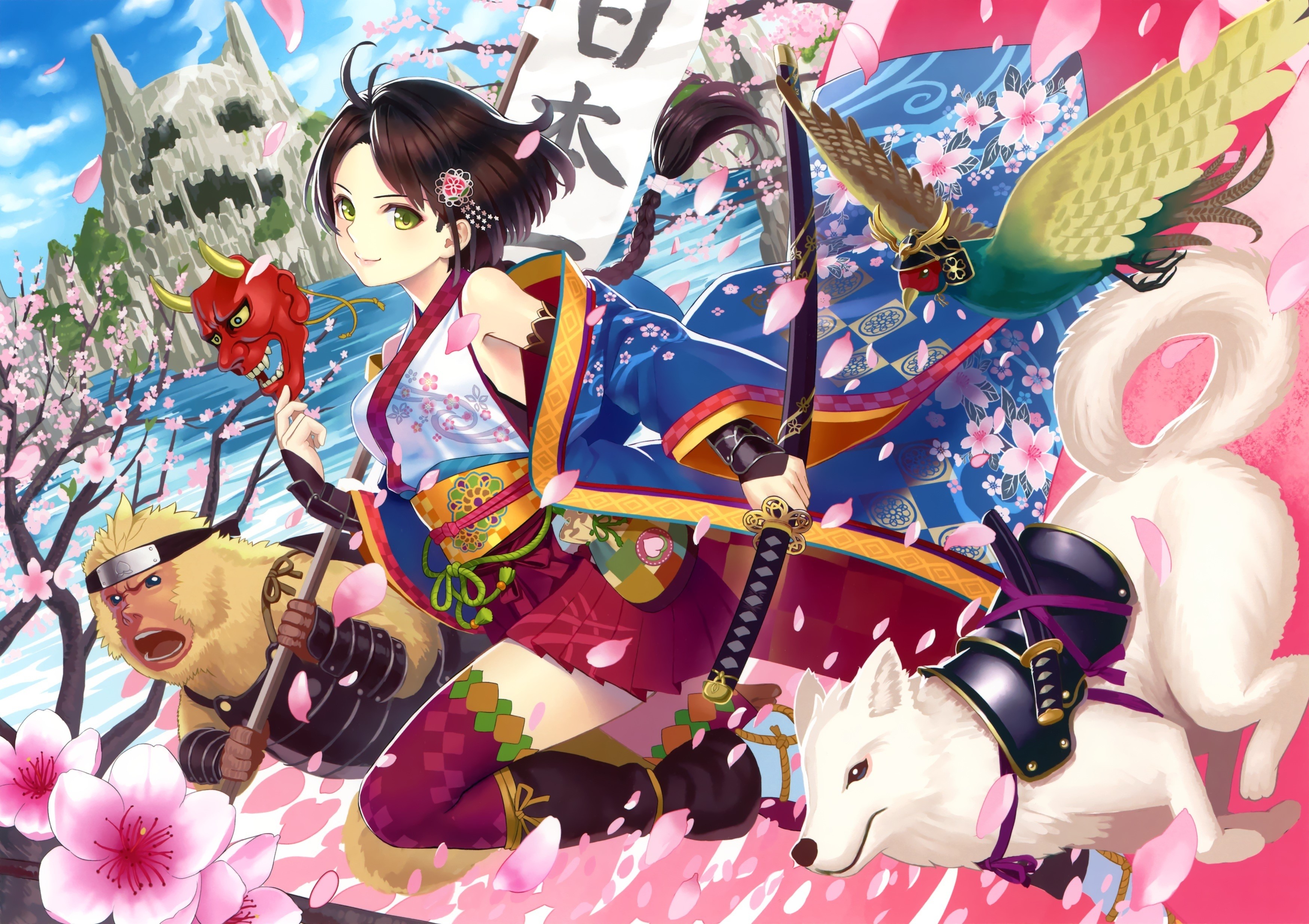 Anime girl with sword, monkey, dog, and bird HD Wallpaper