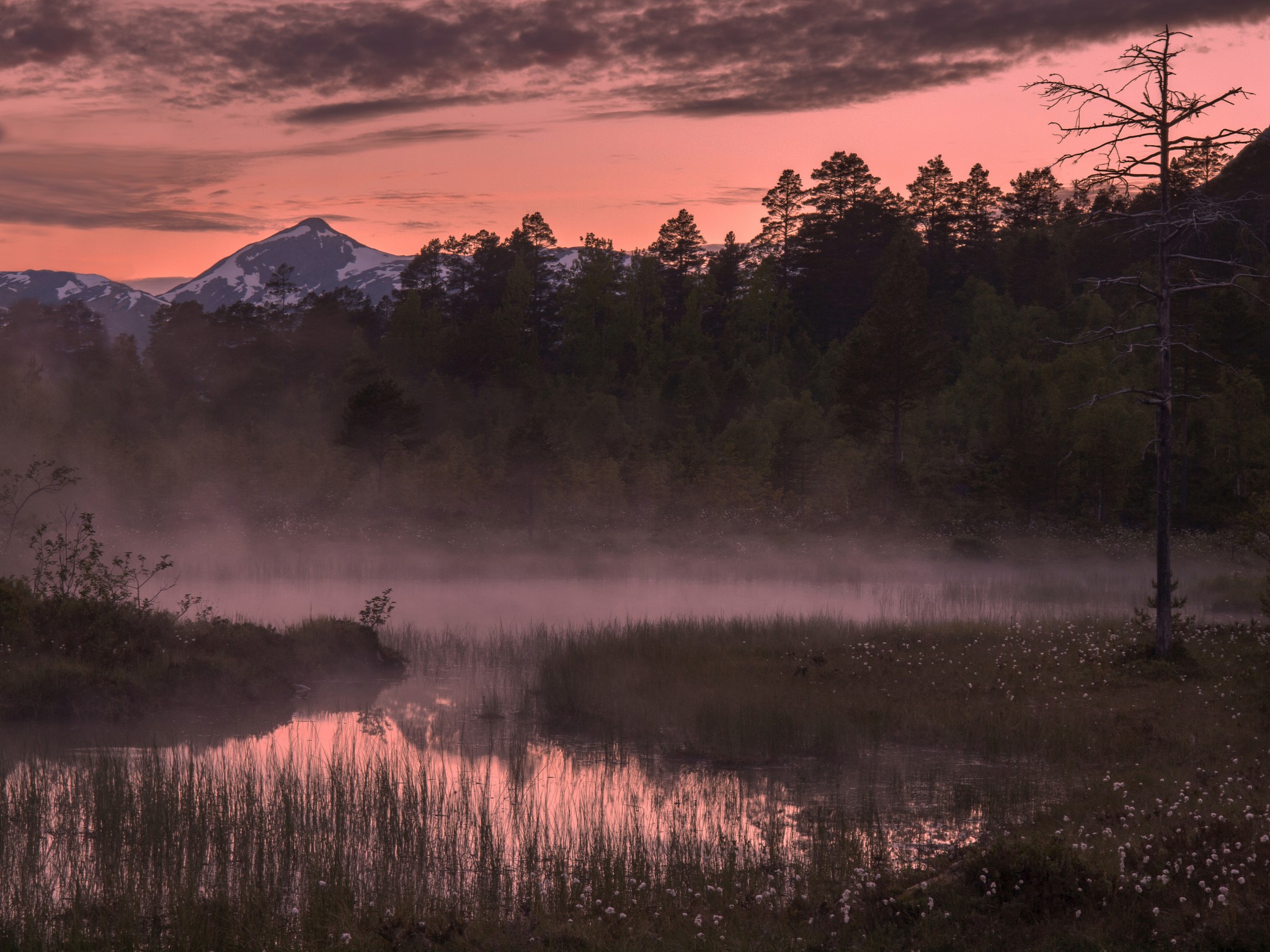 Misty lake and mountain at sunrise in Norway HD Wallpaper