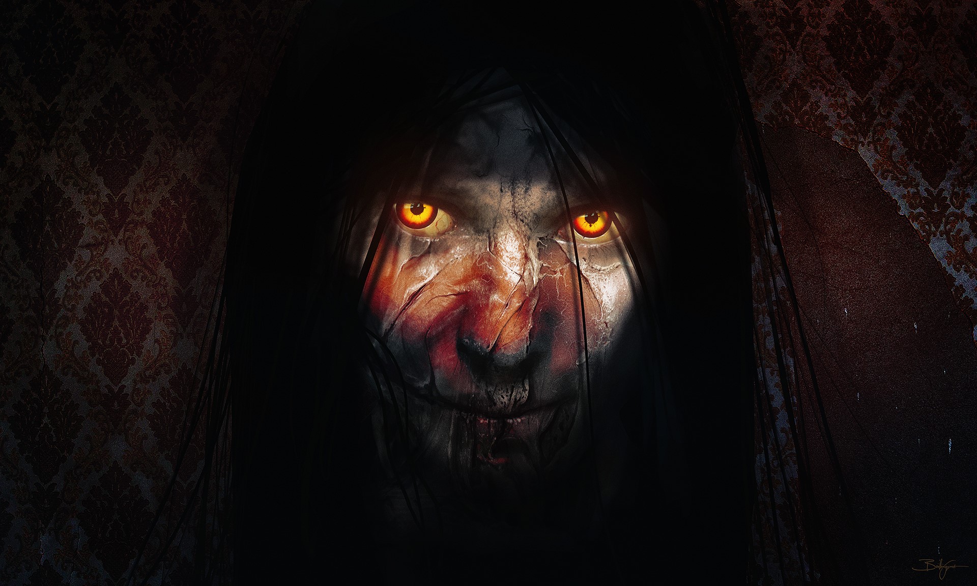 Scary face with glowing eyes and blood HD Wallpaper
