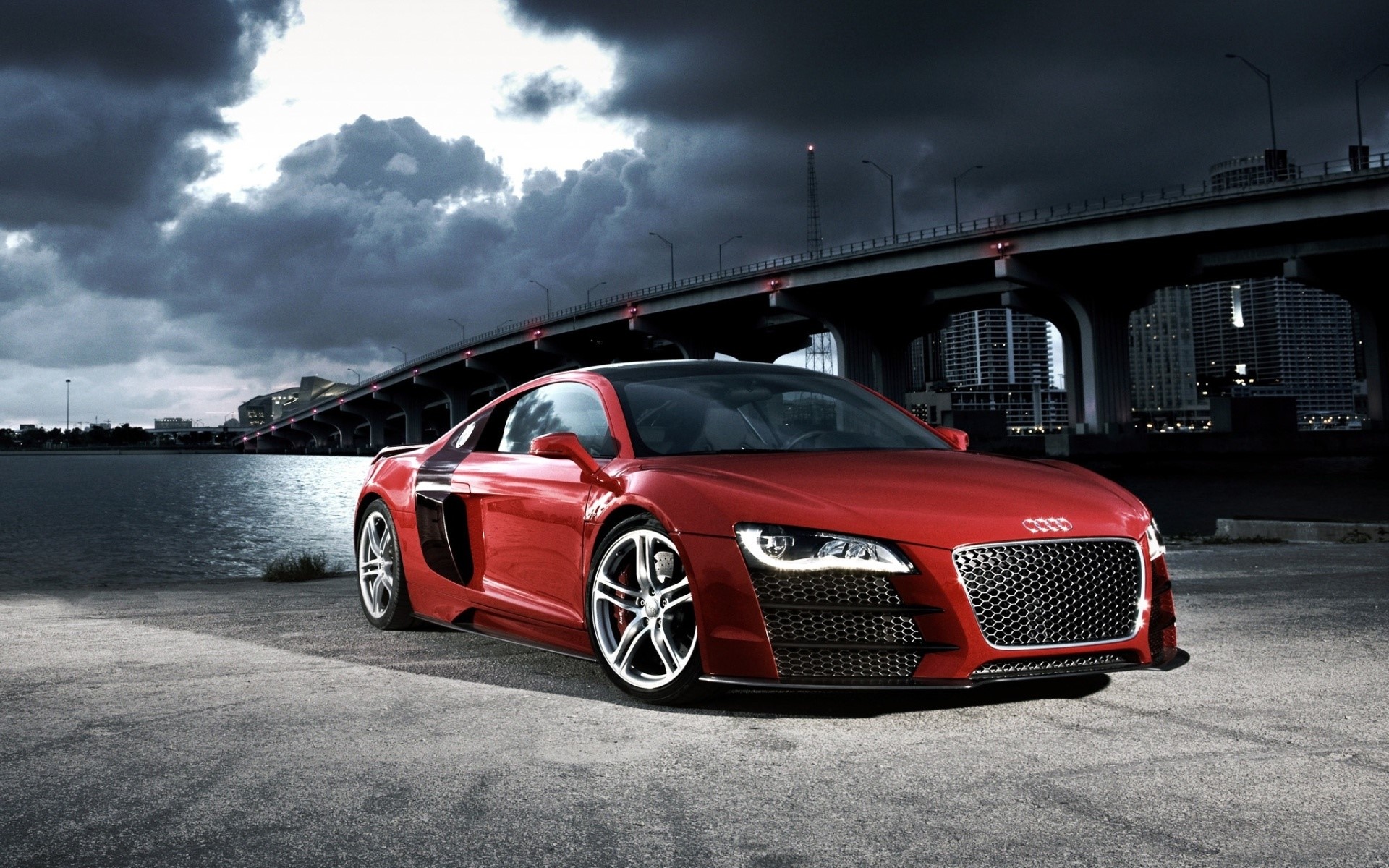 Red Audi R8 parked by a bridge and water HD Wallpaper