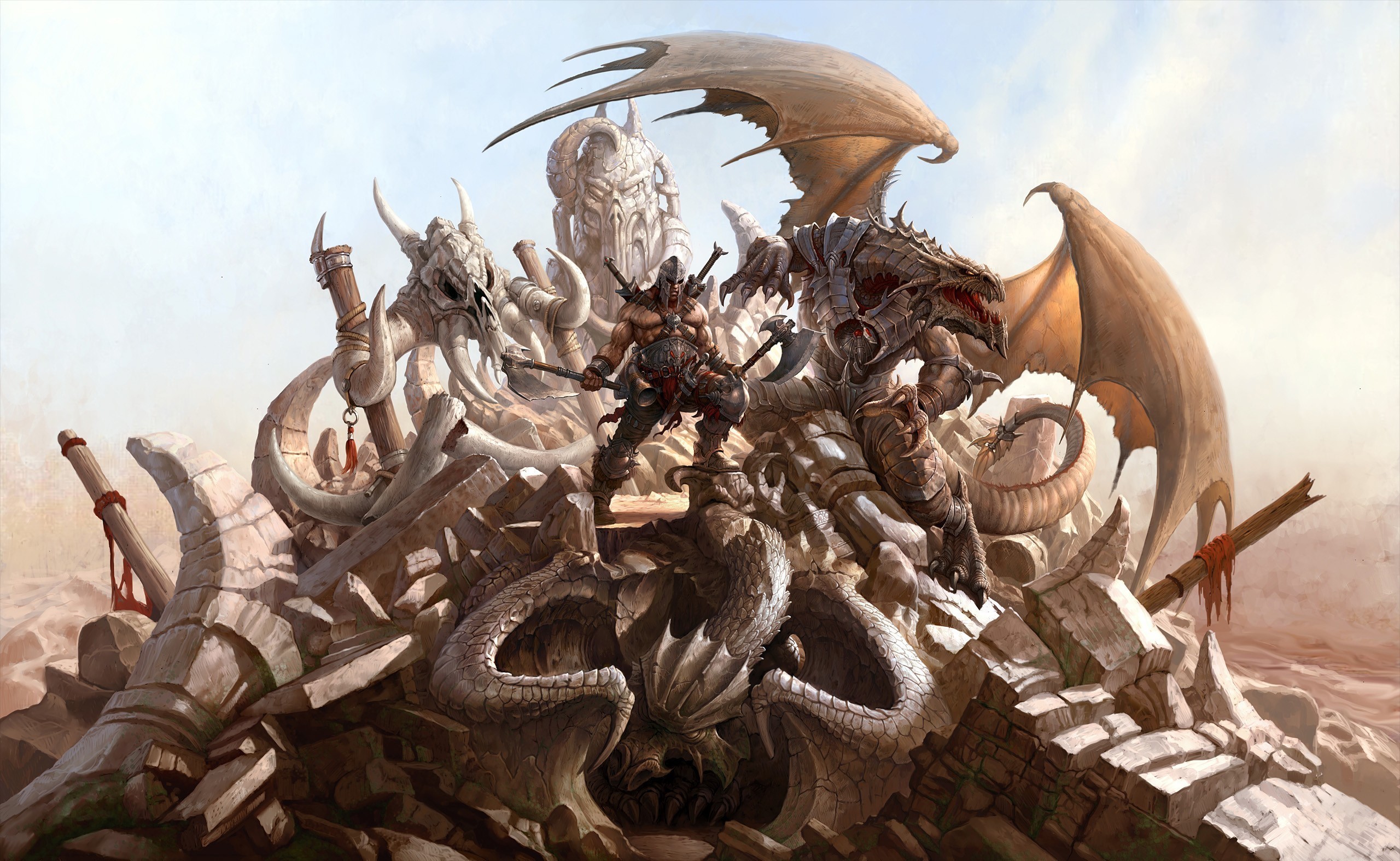 Warriors and Dragon amidst ancient ruins HD Wallpaper