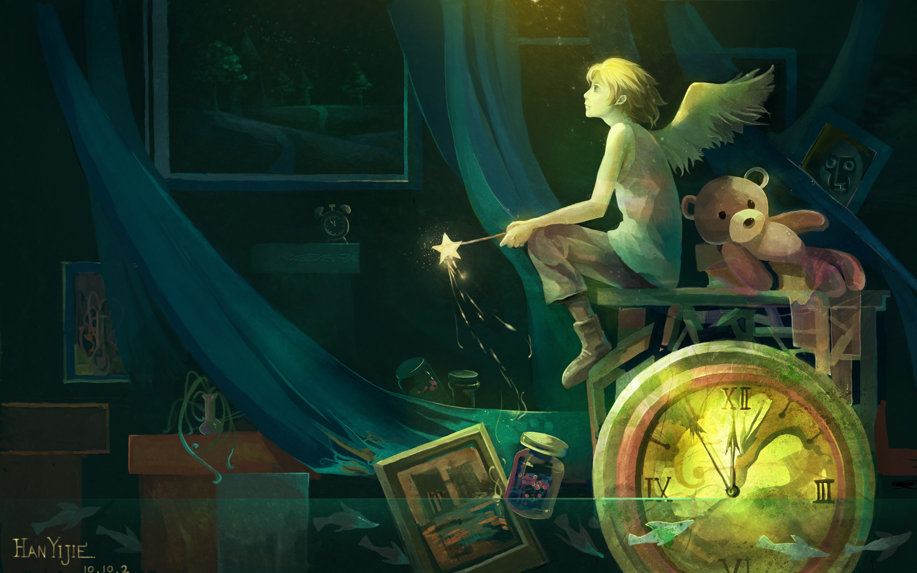 Angel with Teddy Bear and Clock HD Wallpaper