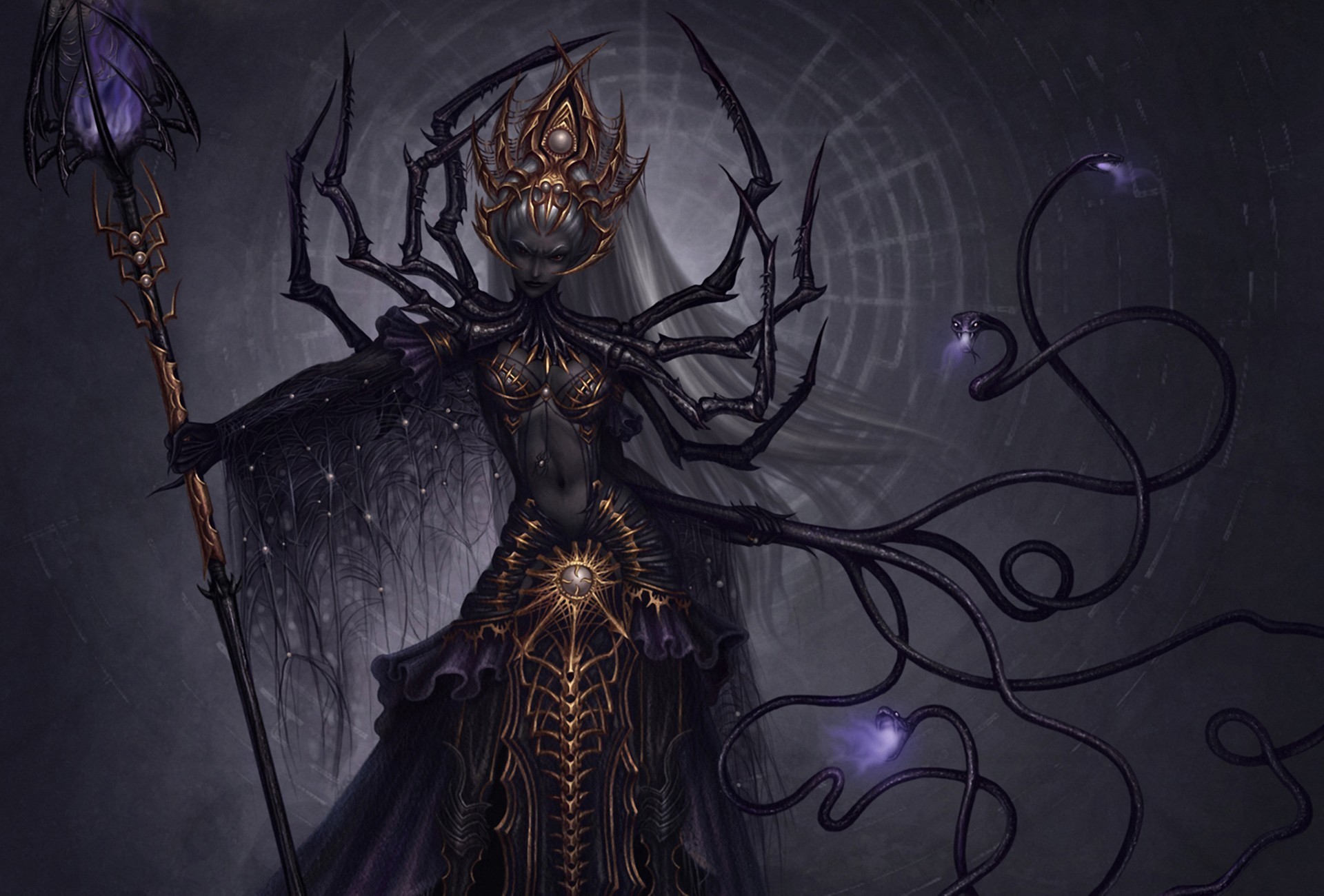 Dark spider-like sorceress with staff and snake-like tendrils HD Wallpaper