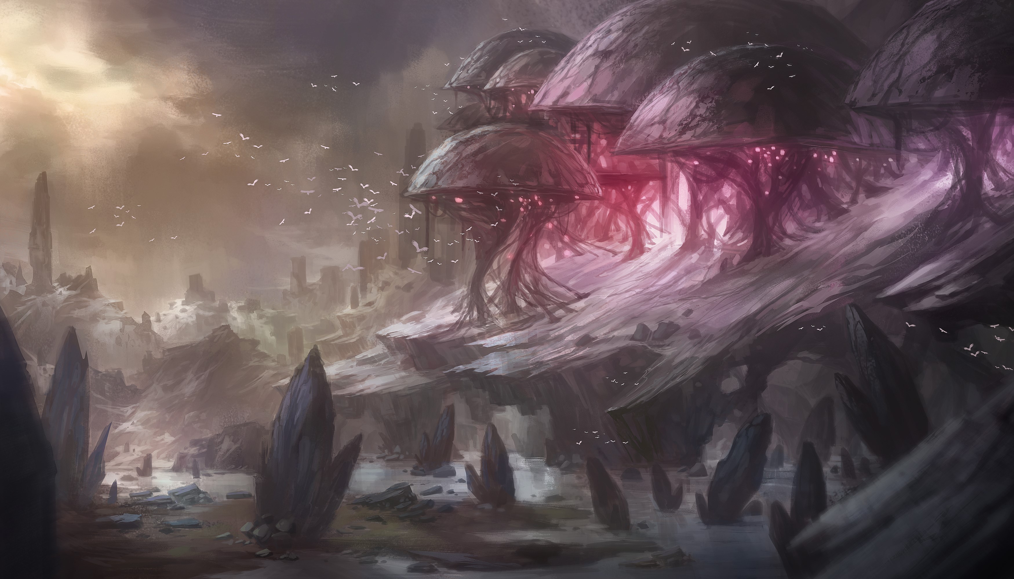 Alien mushroom-like structures on a rocky planet HD Wallpaper