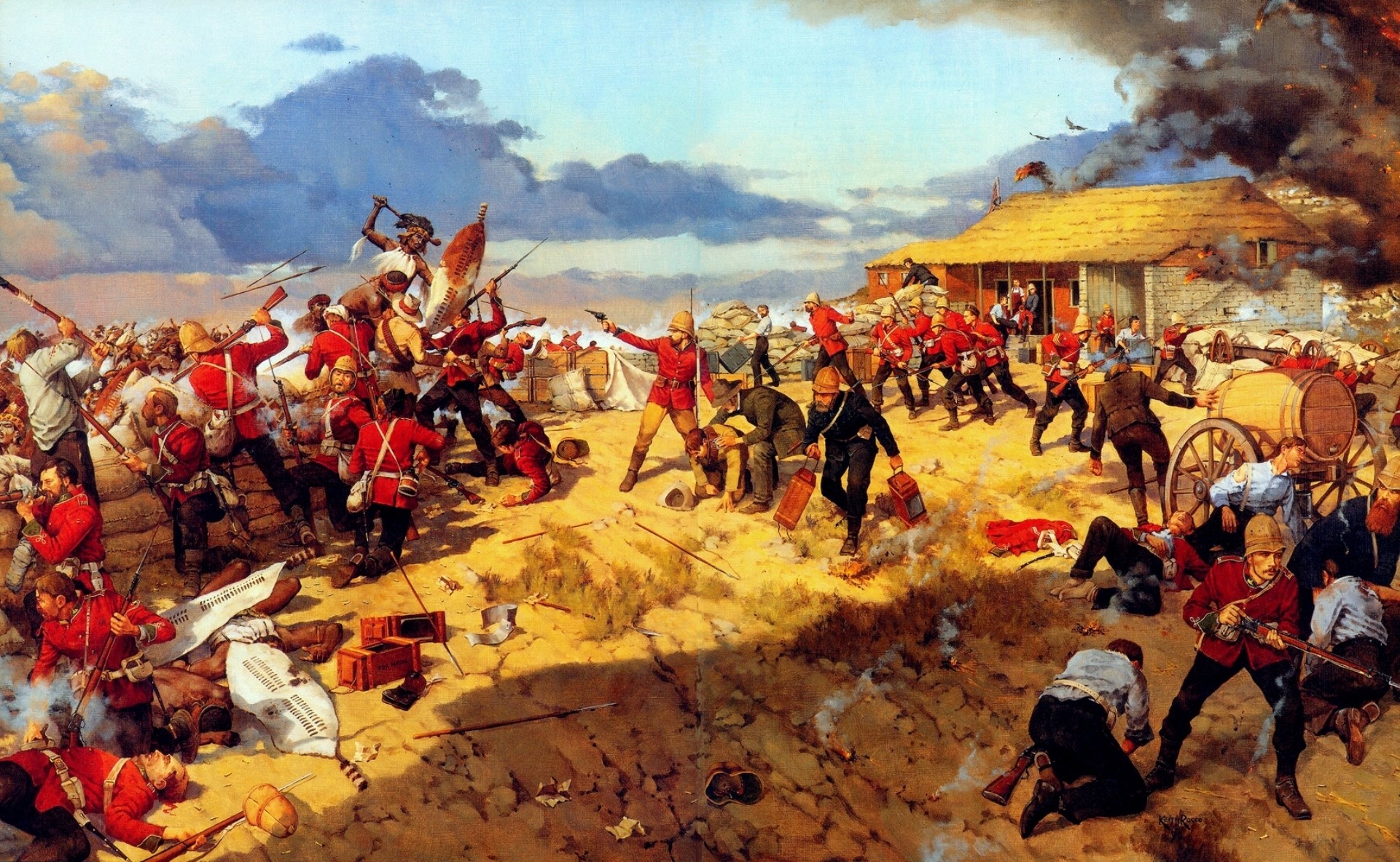 Painting of a battle between soldiers and warriors HD Wallpaper
