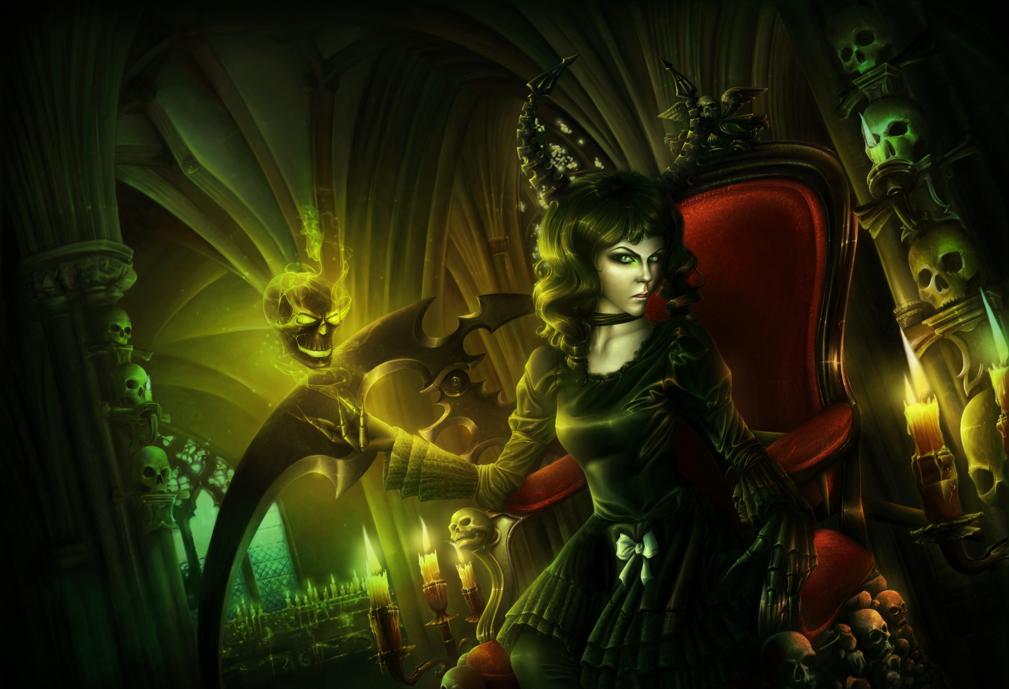 Gothic woman on throne with grim reaper HD Wallpaper