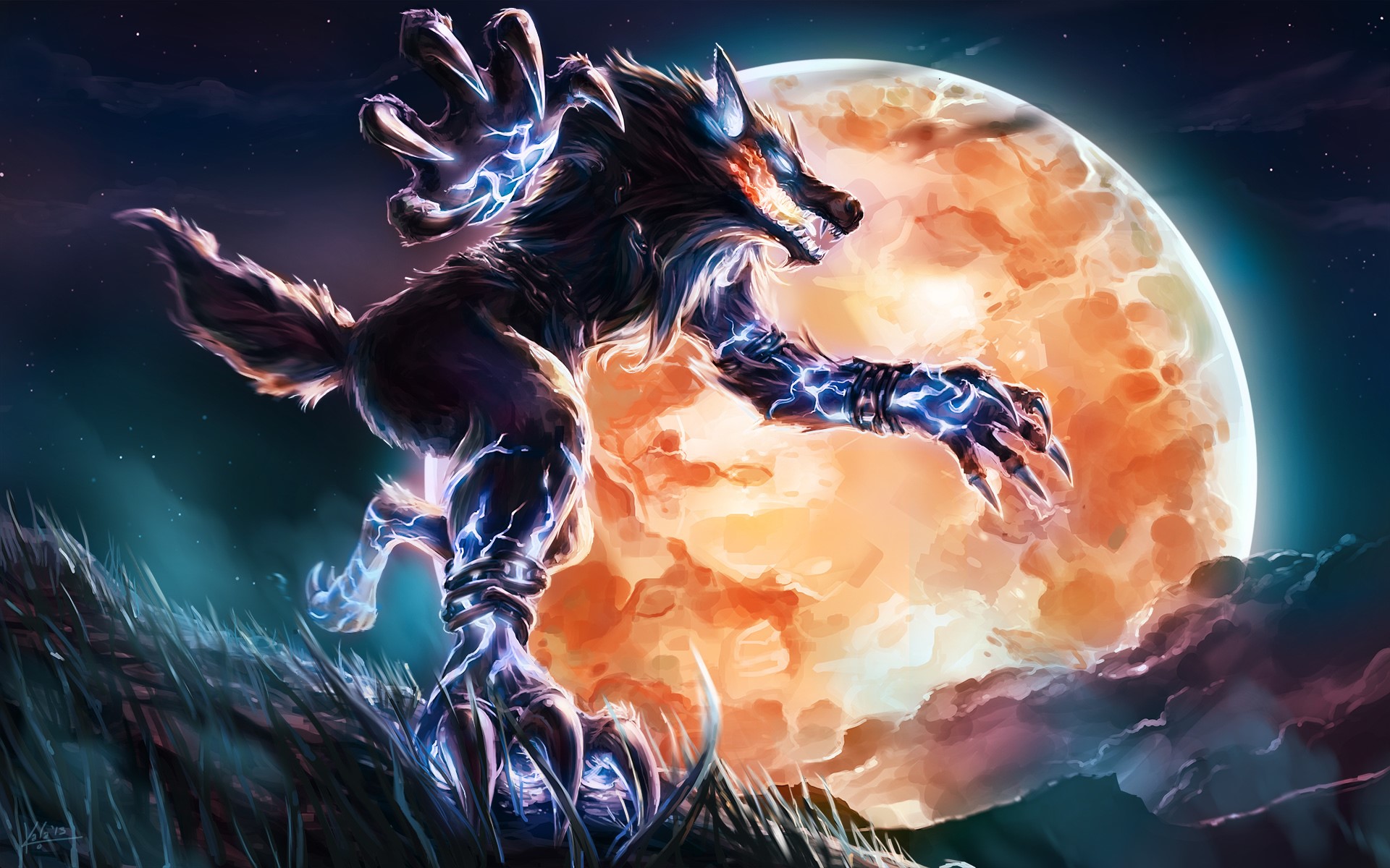 Werewolf with glowing claws in front of a large moon HD Wallpaper